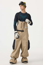 Men's Khaki Workwear-Style Built-In Belt Ski Bibs Baggy Snow Bibs