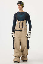 Men's Khaki Workwear-Style Built-In Belt Ski Bibs Baggy Snow Bibs