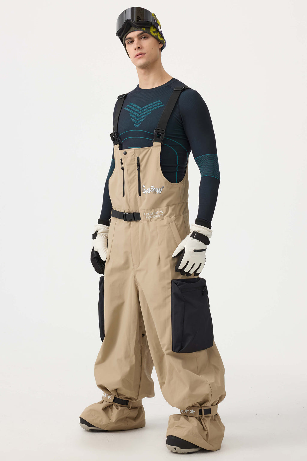 Men's Khaki Workwear-Style Built-In Belt Ski Bibs Baggy Snow Bibs