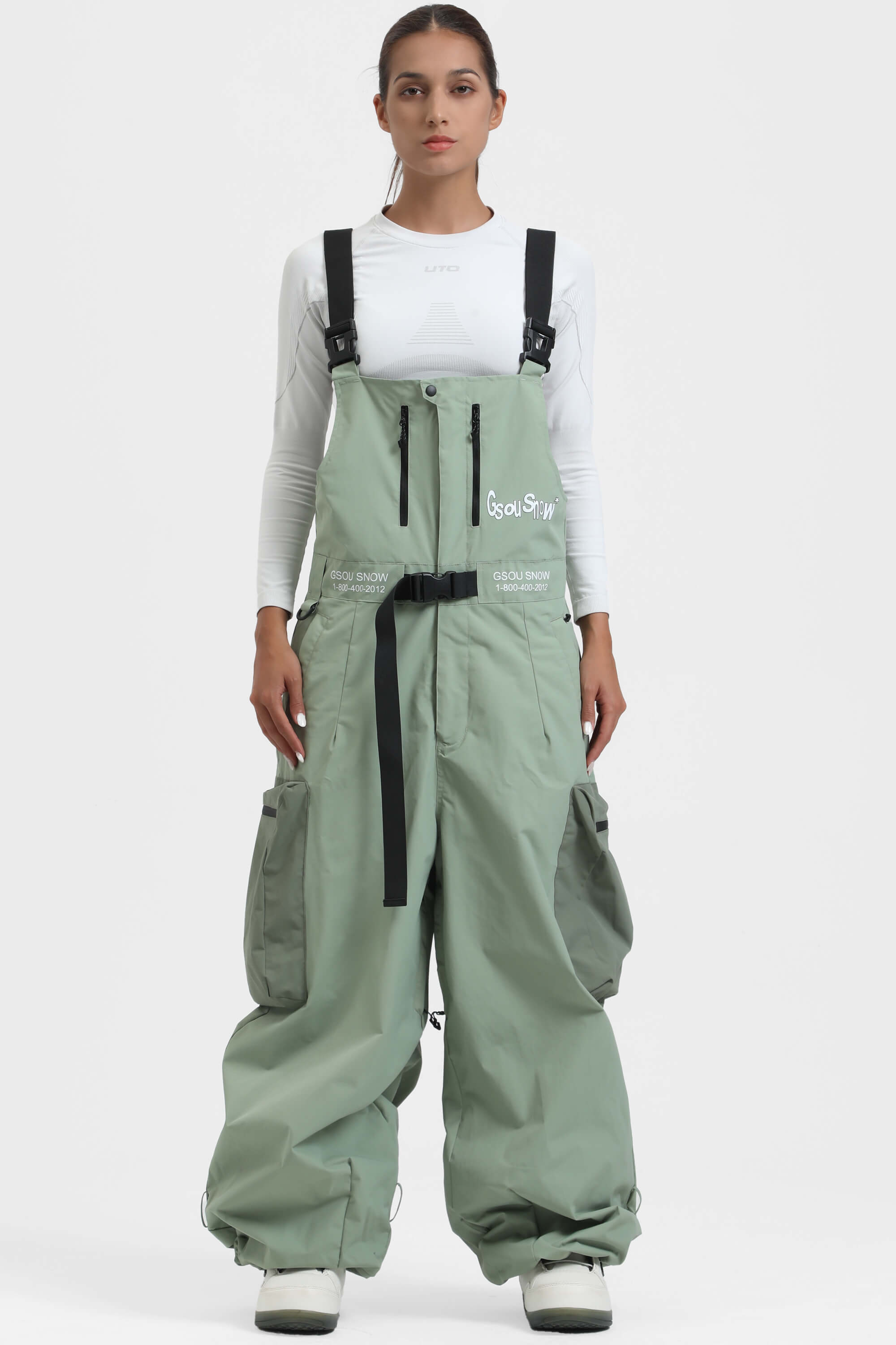 Women's Mint Green Workwear-Style Built-In Belt Ski Bibs Baggy Snow Bibs Secondary image