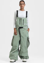 Women's Mint Green Workwear-Style Built-In Belt Ski Bibs Baggy Snow Bibs