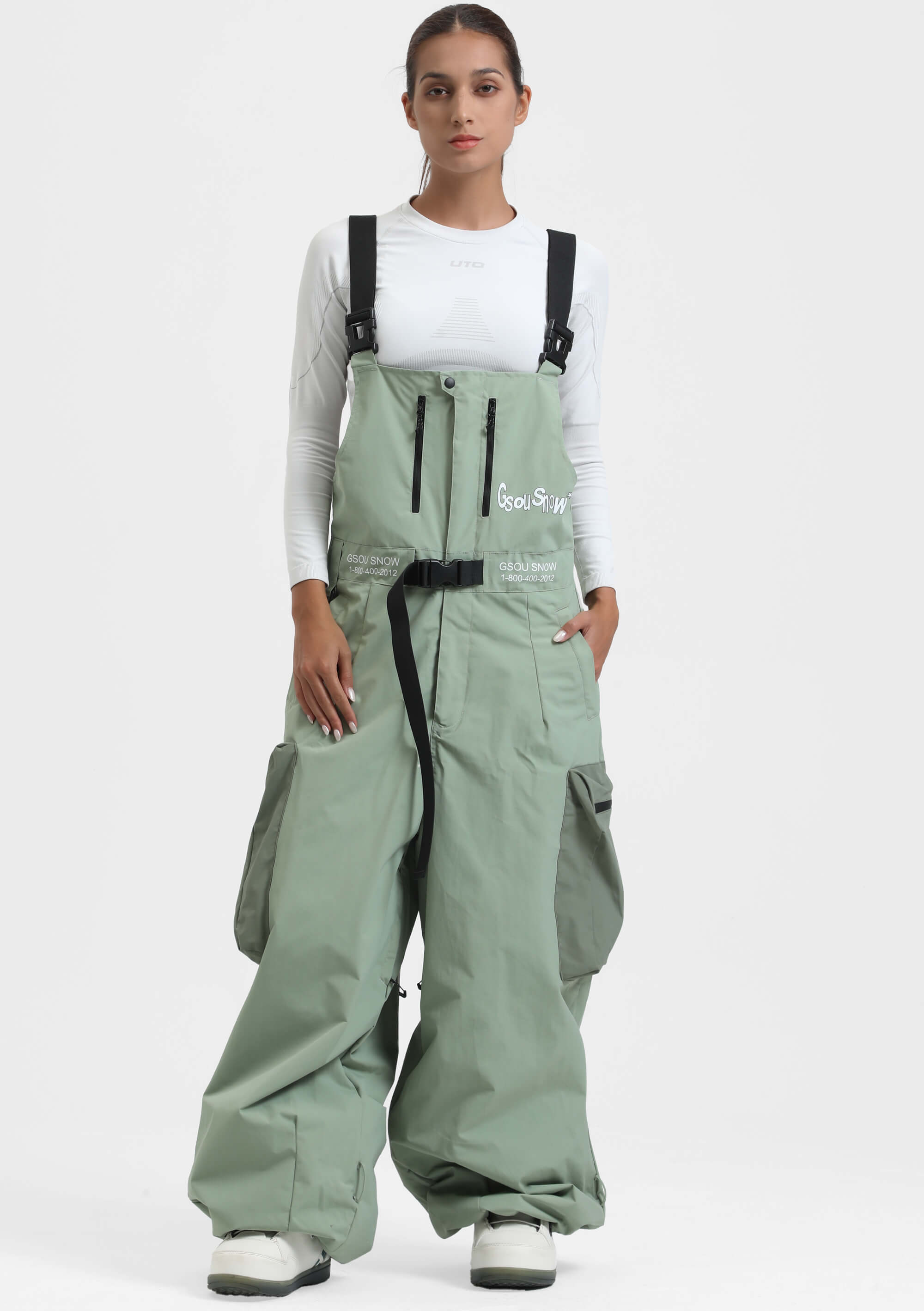 Women's Khaki Workwear-Style Built-In Belt Ski Bibs Baggy Snow Bibs
