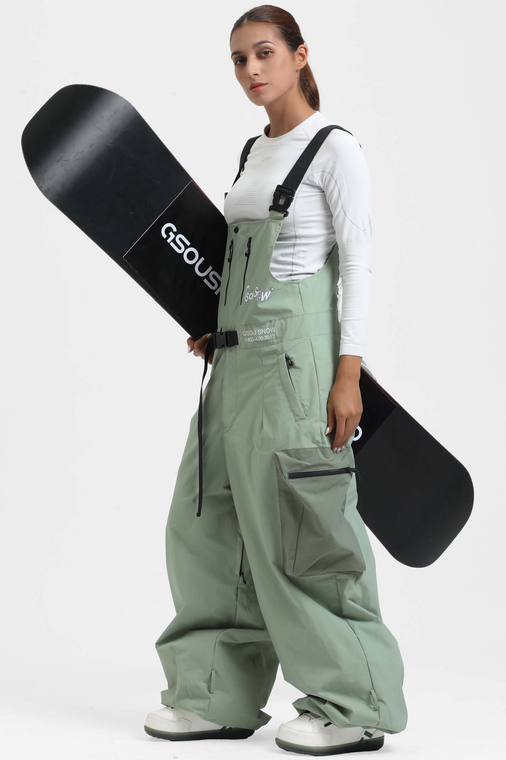 Women's Off White Workwear-Style Built-In Belt Ski Bibs Baggy Snow Bibs