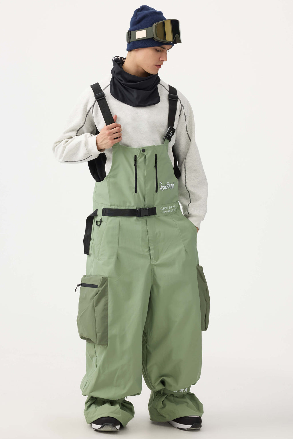 Men's Black Workwear-Style Built-In Belt Ski Bibs Baggy Snow Bibs