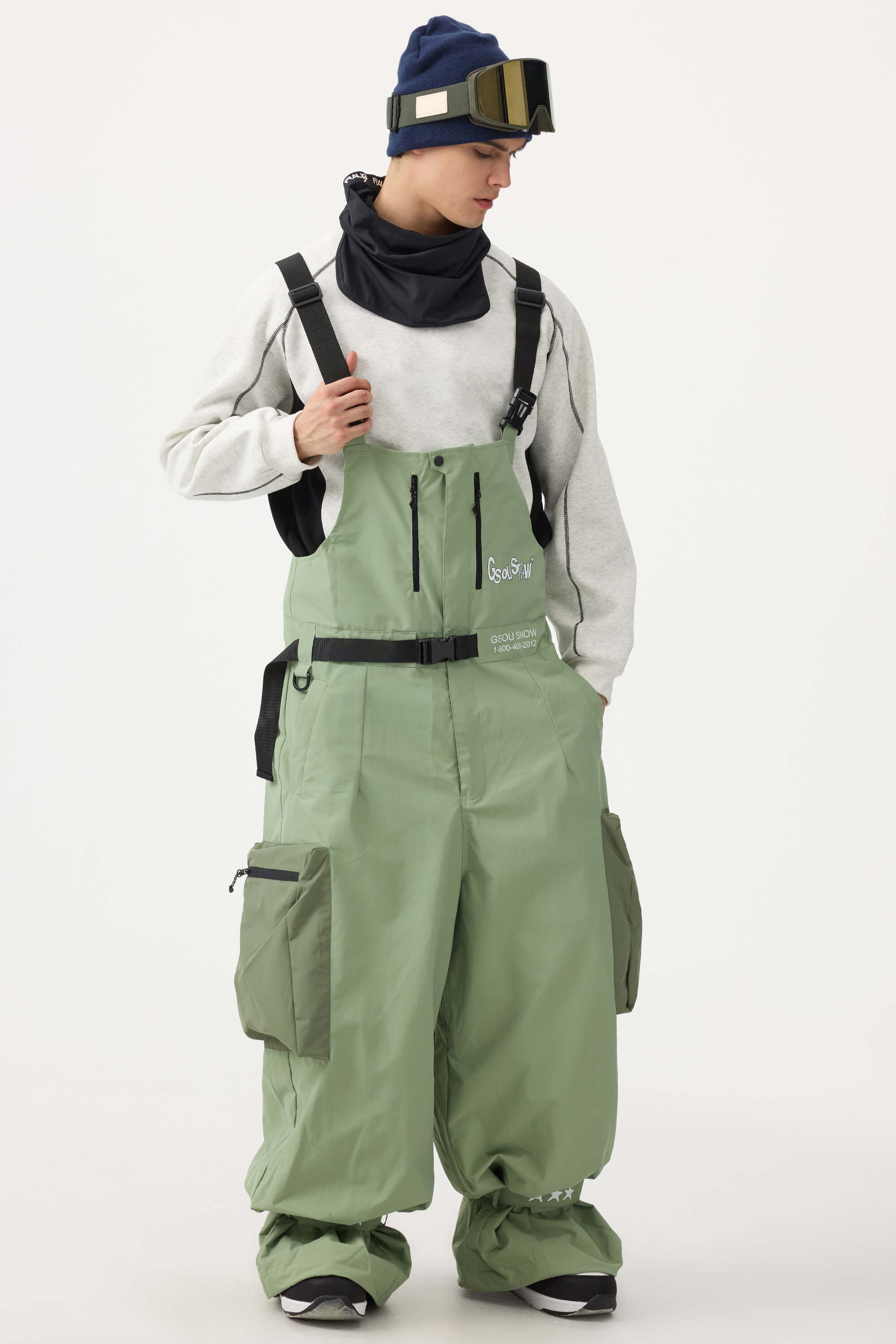 Men's Black Workwear-Style Built-In Belt Ski Bibs Baggy Snow Bibs
