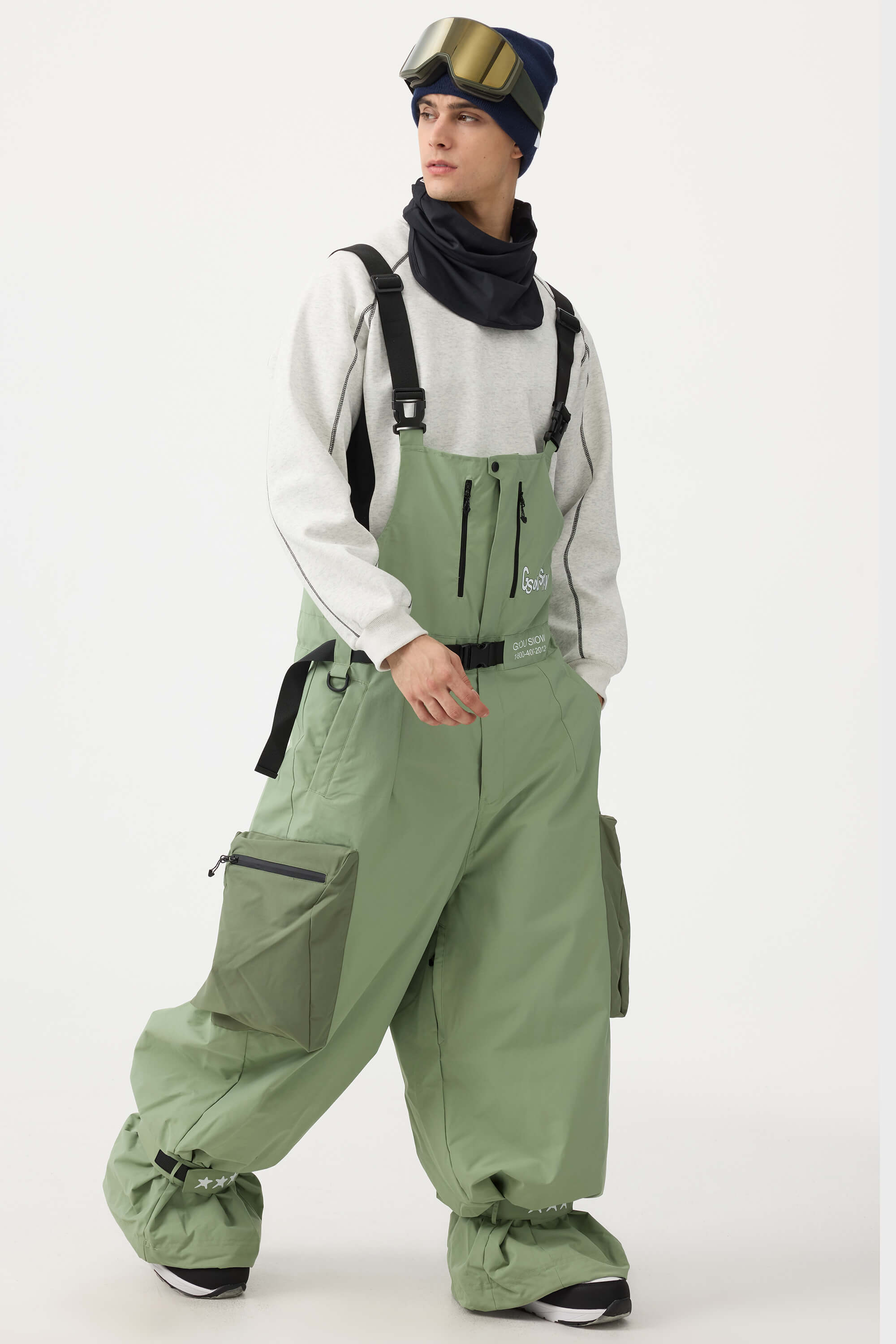 Men's Khaki Workwear-Style Built-In Belt Ski Bibs Baggy Snow Bibs