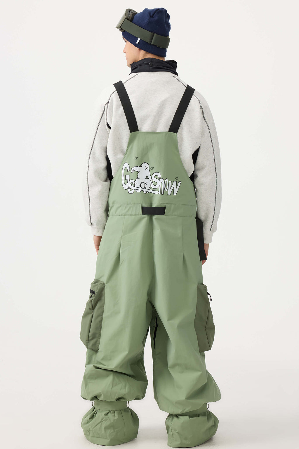 Men's Mint Green Workwear-Style Built-In Belt Ski Bibs Baggy Snow Bibs