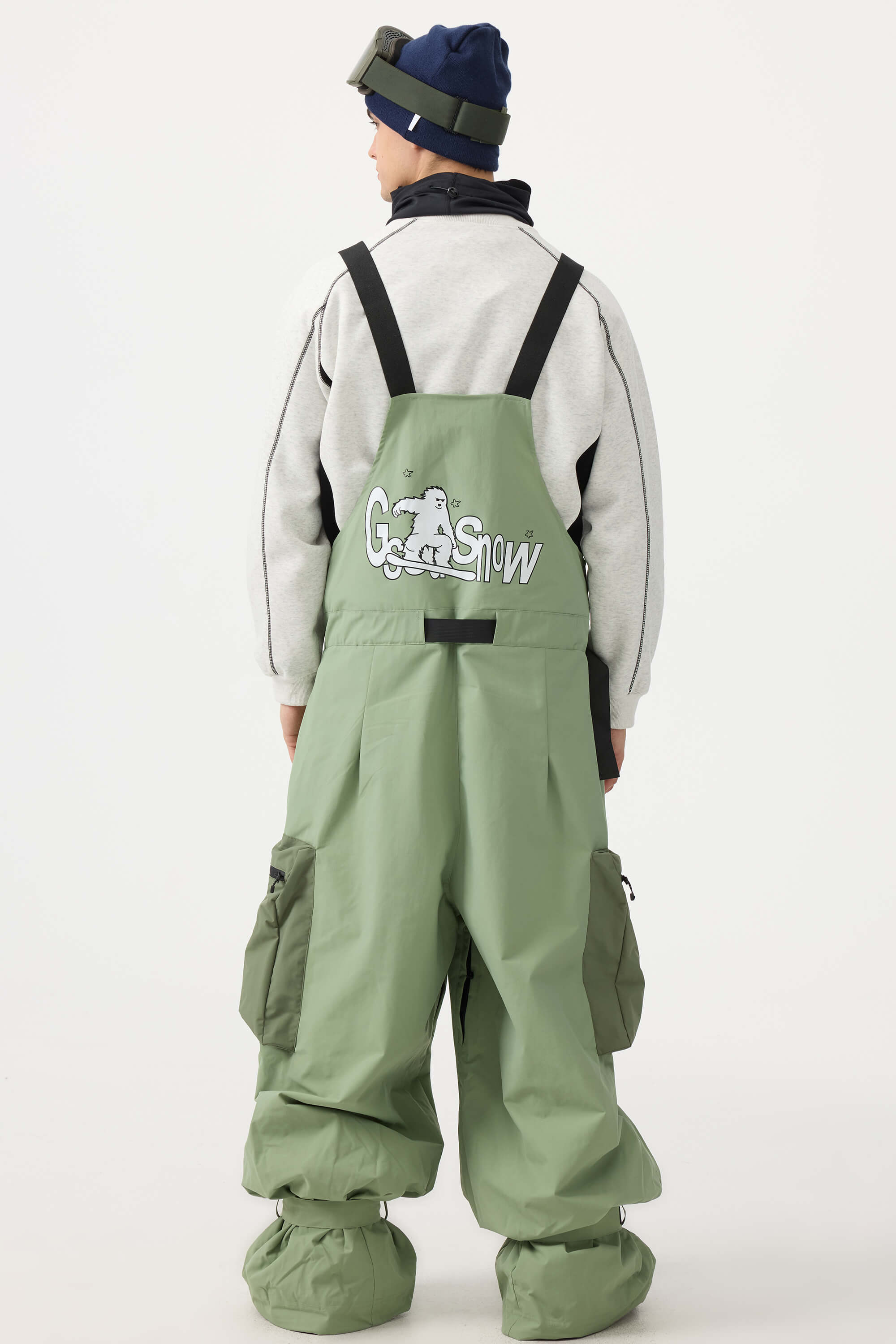Men's Mint Green Workwear-Style Built-In Belt Ski Bibs Baggy Snow Bibs