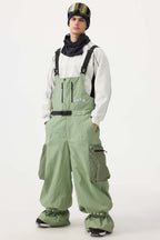 Men's Mint Green Workwear-Style Built-In Belt Ski Bibs Baggy Snow Bibs