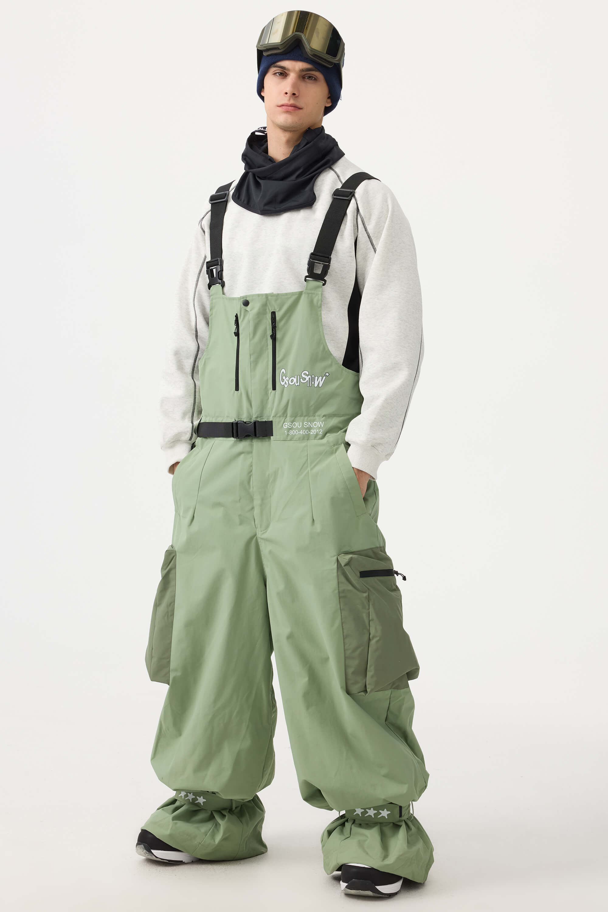 Men's Mint Green Workwear-Style Built-In Belt Ski Bibs Baggy Snow Bibs