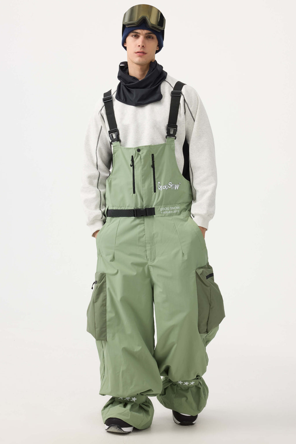 Men's Mint Green Workwear-Style Built-In Belt Ski Bibs Baggy Snow Bibs