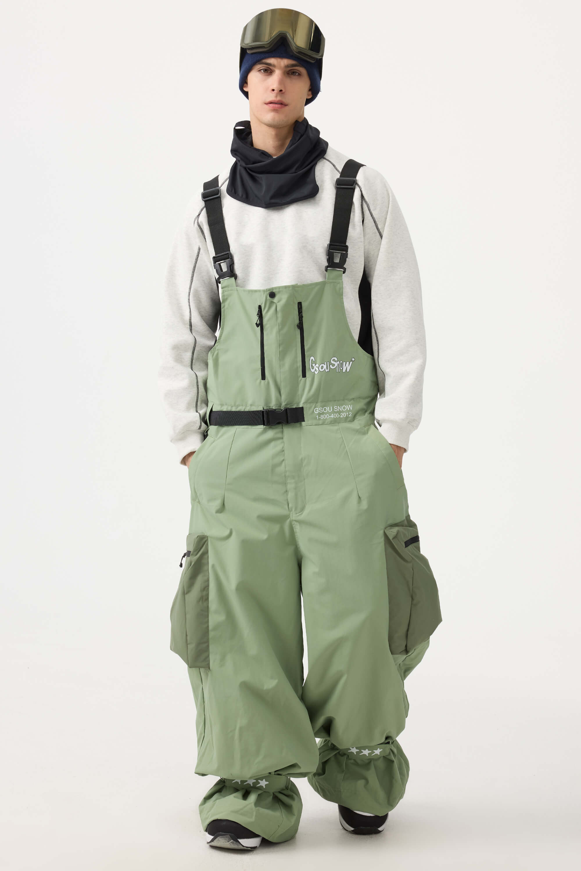 Men's Mint Green Workwear-Style Built-In Belt Ski Bibs Baggy Snow Bibs