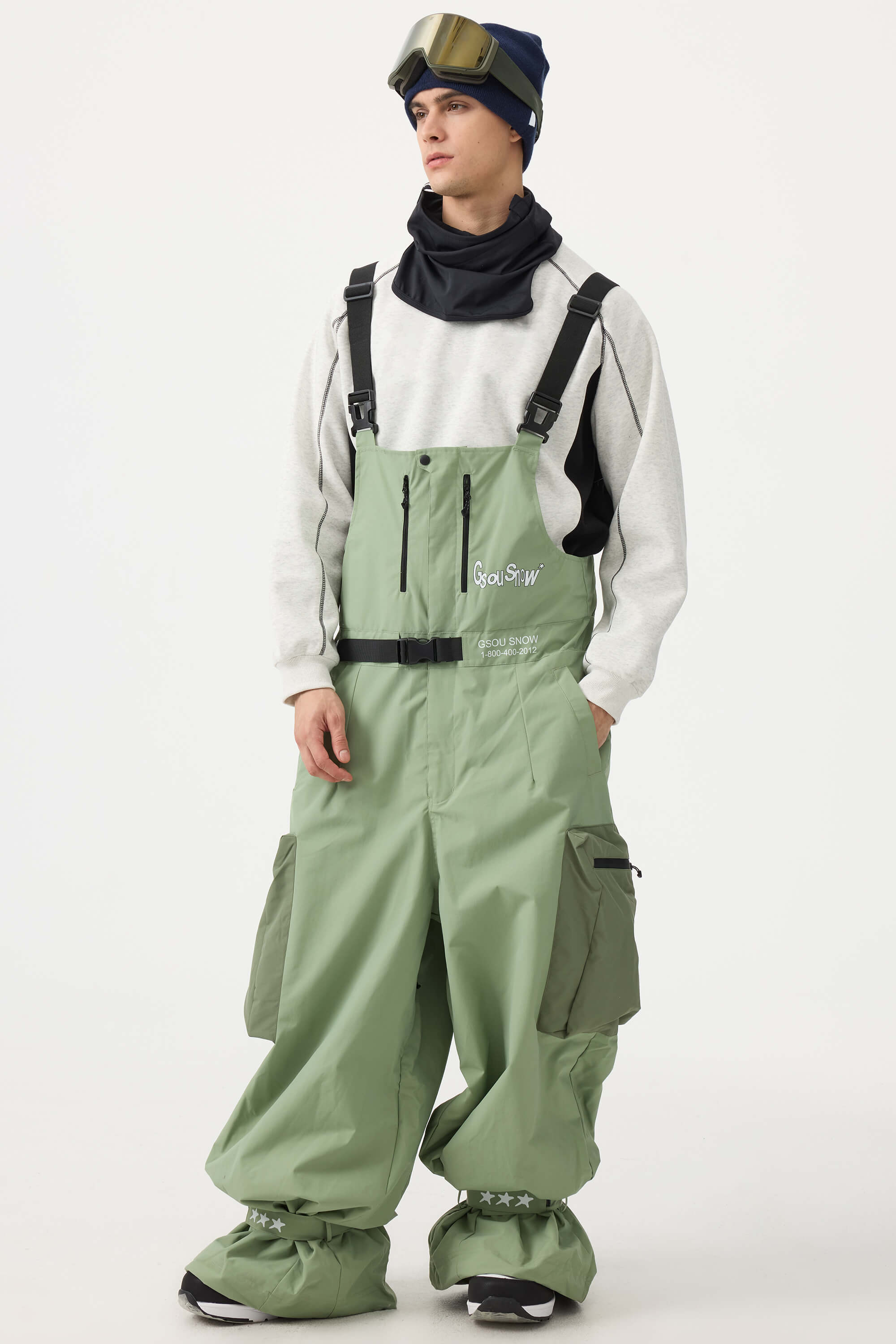 Men's Mint Green Workwear-Style Built-In Belt Ski Bibs Baggy Snow Bibs