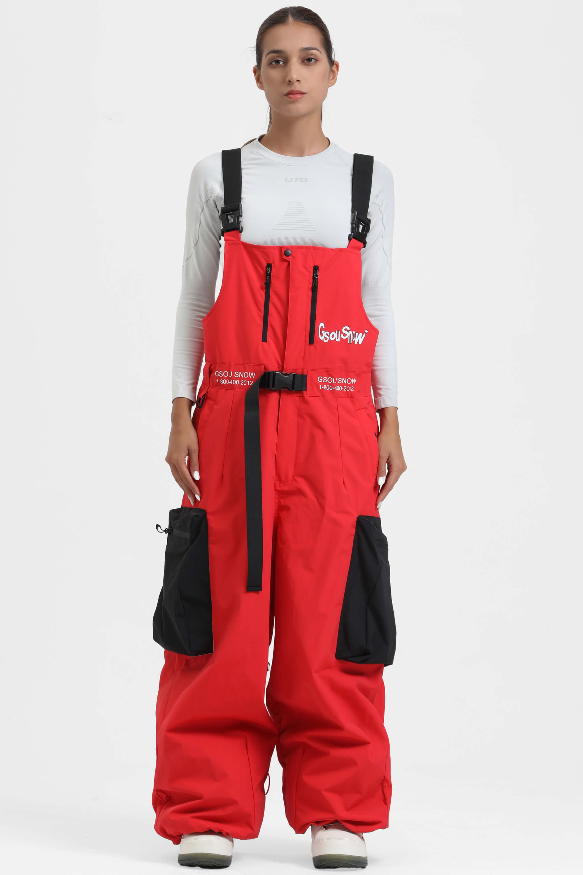 Women's Red Workwear-Style Built-In Belt Ski Bibs Baggy Snow Bibs Secondary image