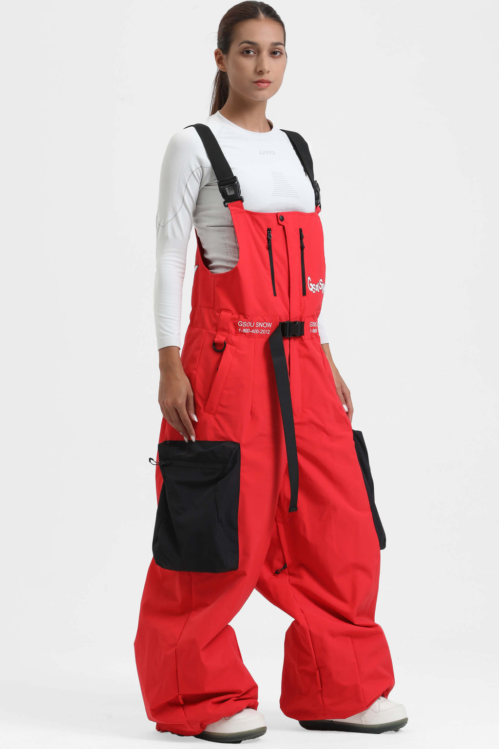 Women's Khaki Workwear-Style Built-In Belt Ski Bibs Baggy Snow Bibs