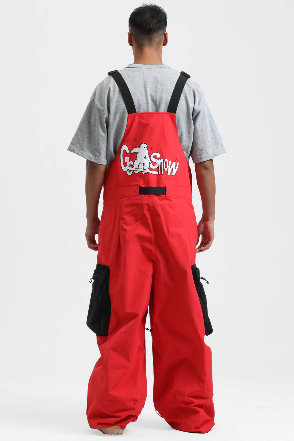 Men's Black Workwear-Style Built-In Belt Ski Bibs Baggy Snow Bibs