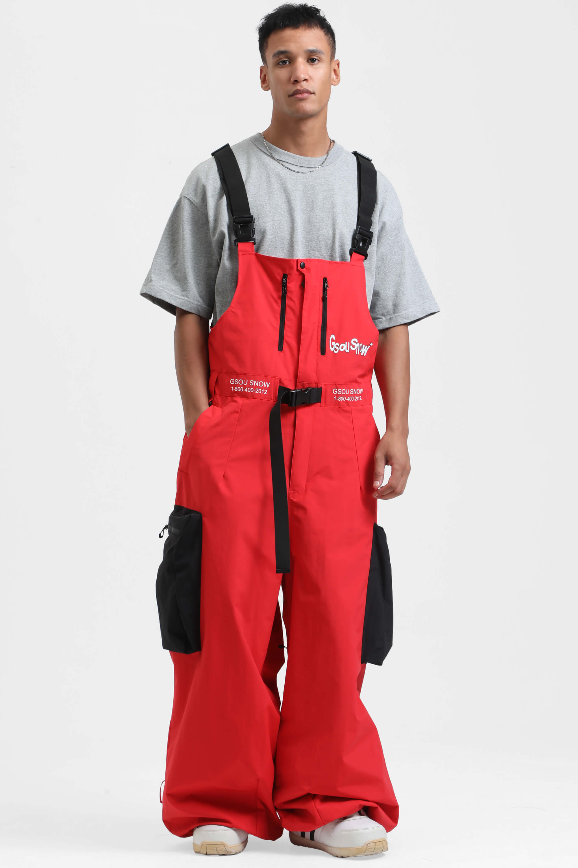 Men's Red Workwear-Style Built-In Belt Ski Bibs Baggy Snow Bibs Secondary image