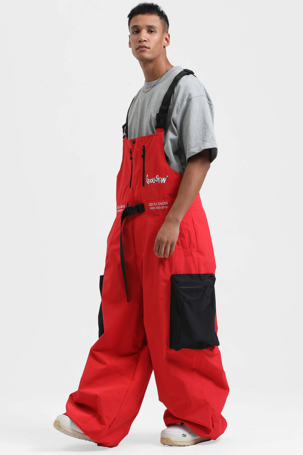 Men's Off White Workwear-Style Built-In Belt Ski Bibs Baggy Snow Bibs