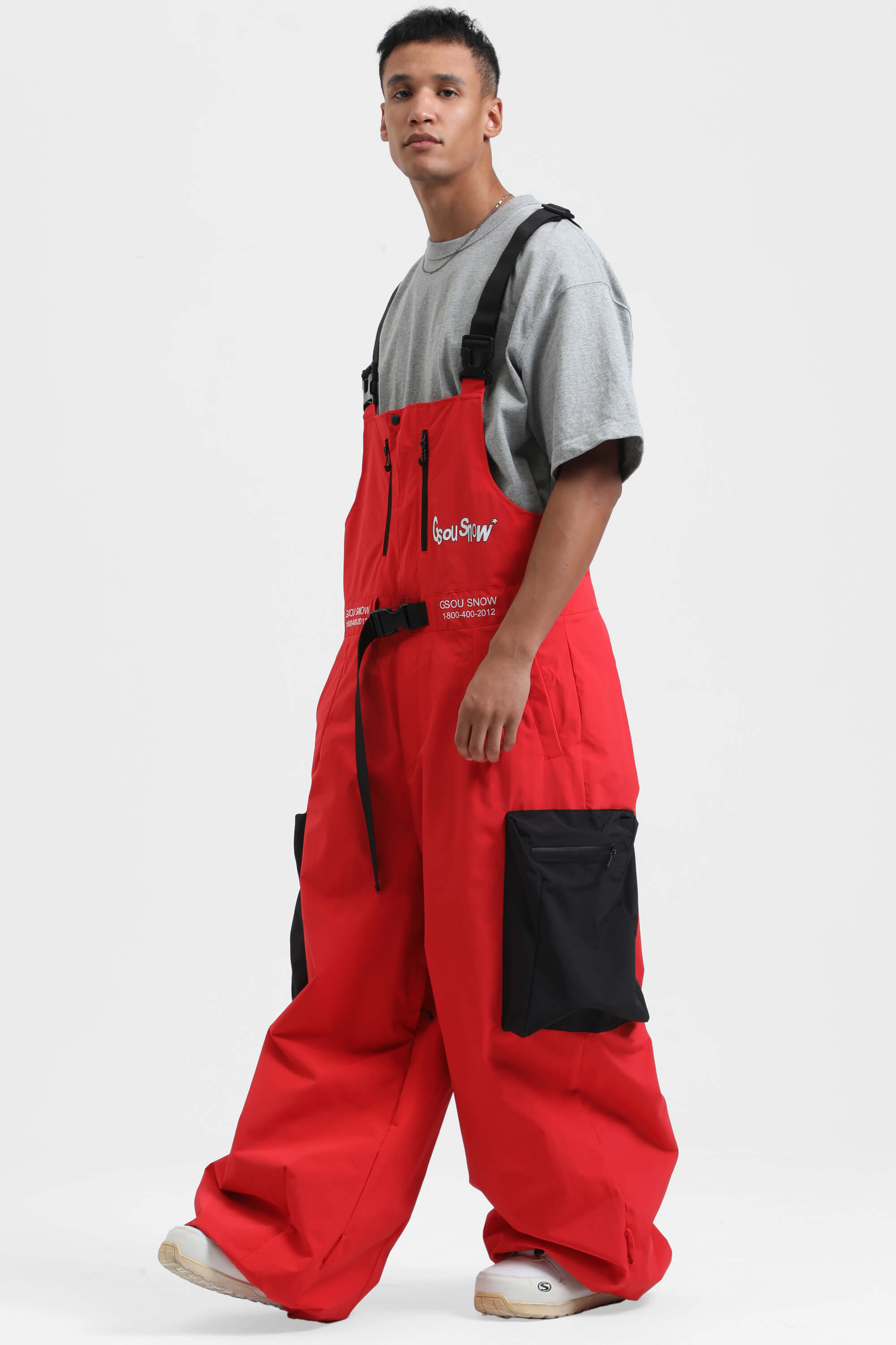 Men's Black Workwear-Style Built-In Belt Ski Bibs Baggy Snow Bibs