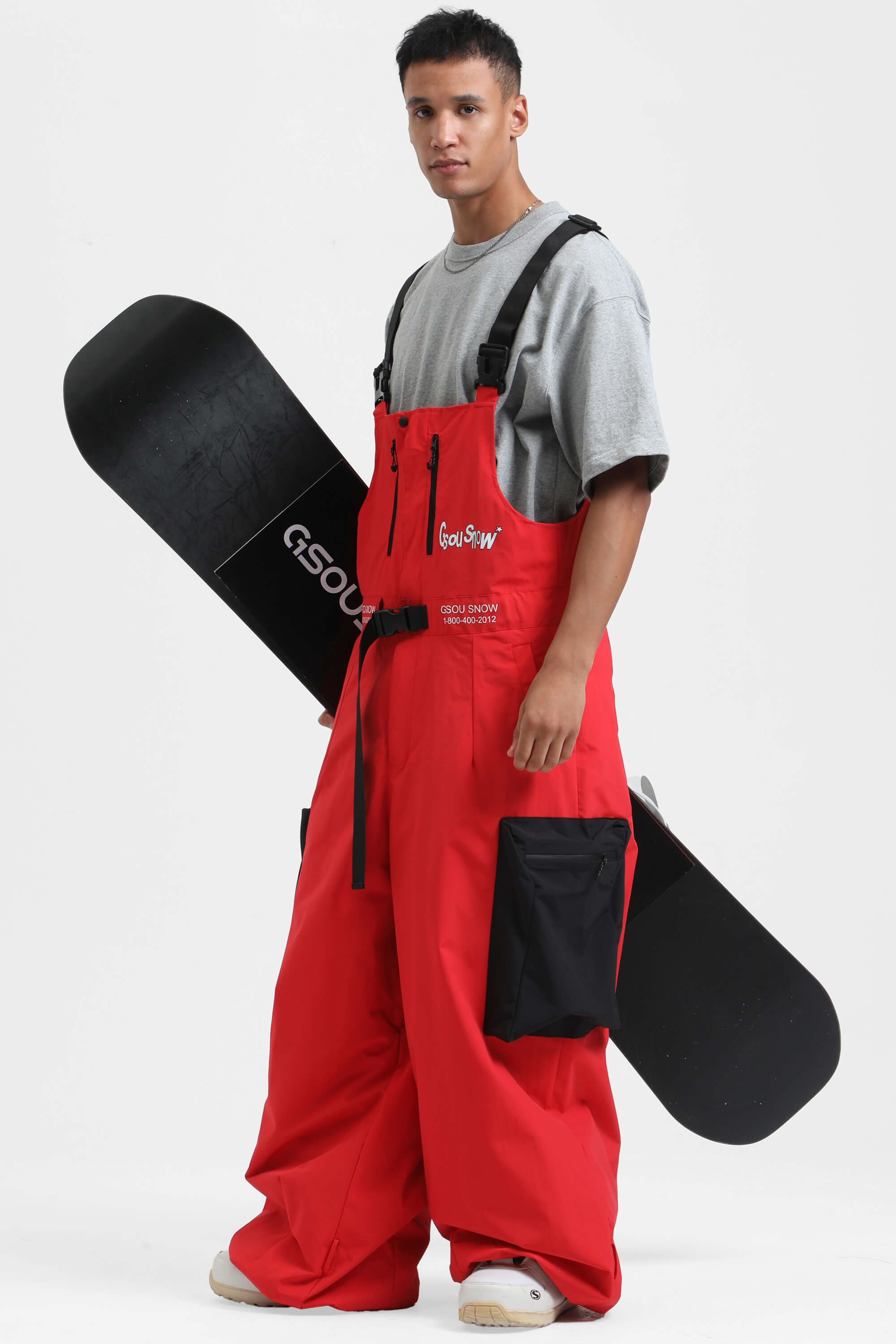 Men's Red Workwear-Style Built-In Belt Ski Bibs Baggy Snow Bibs Main image