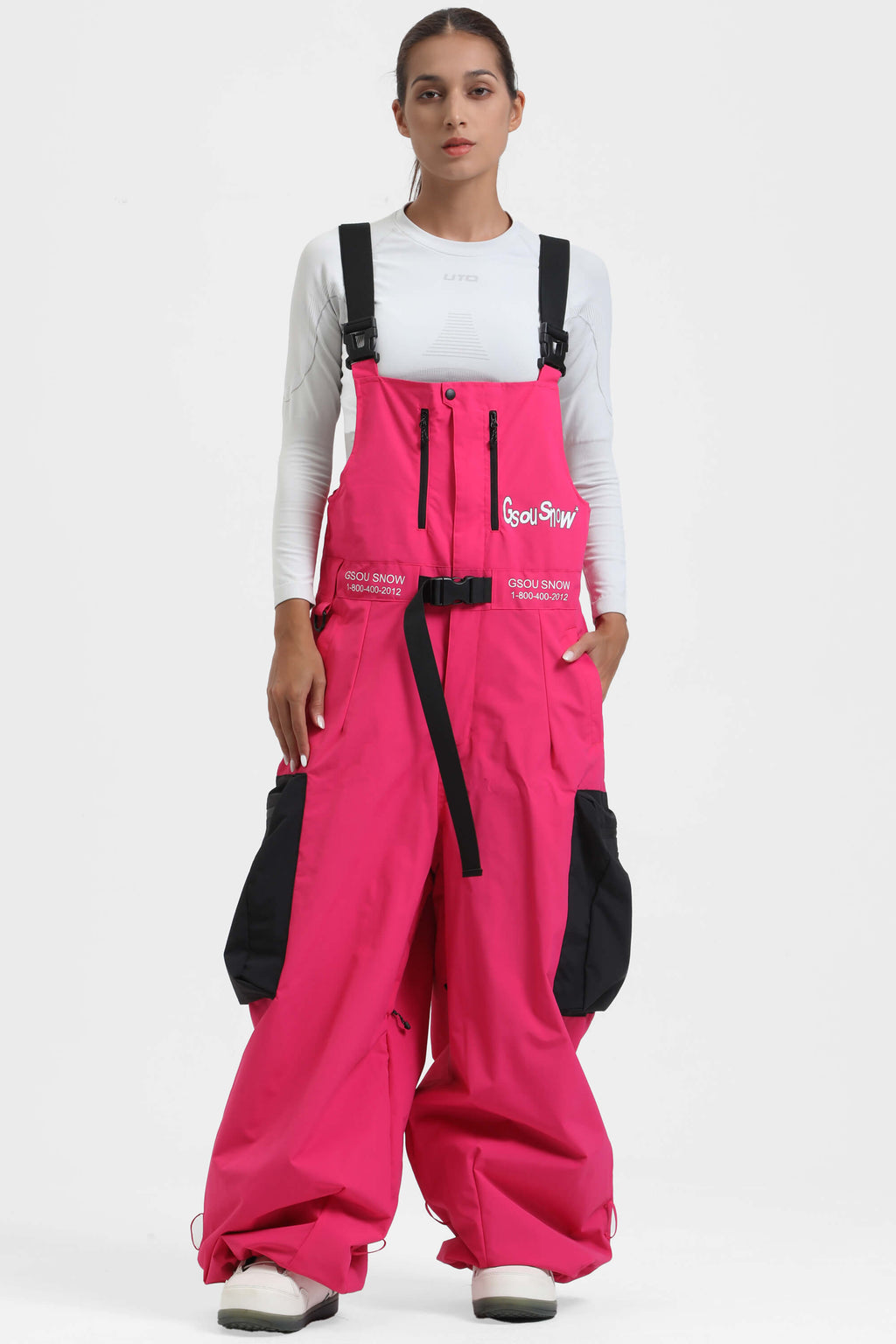 Women's Hot Pink Workwear-Style Built-In Belt Ski Bibs Baggy Snow Bibs