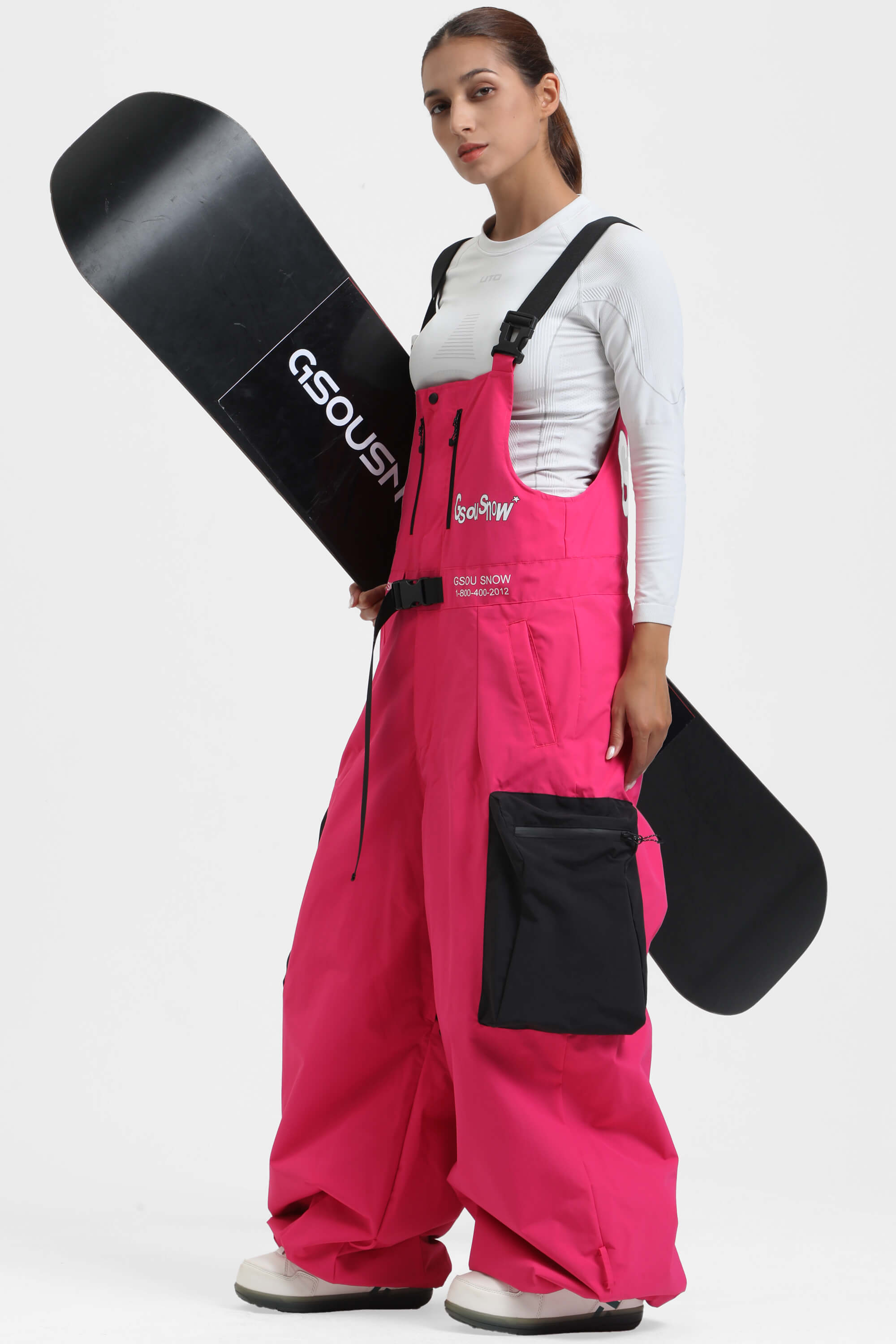 Women's Hot Pink Workwear-Style Built-In Belt Ski Bibs Baggy Snow Bibs Main image