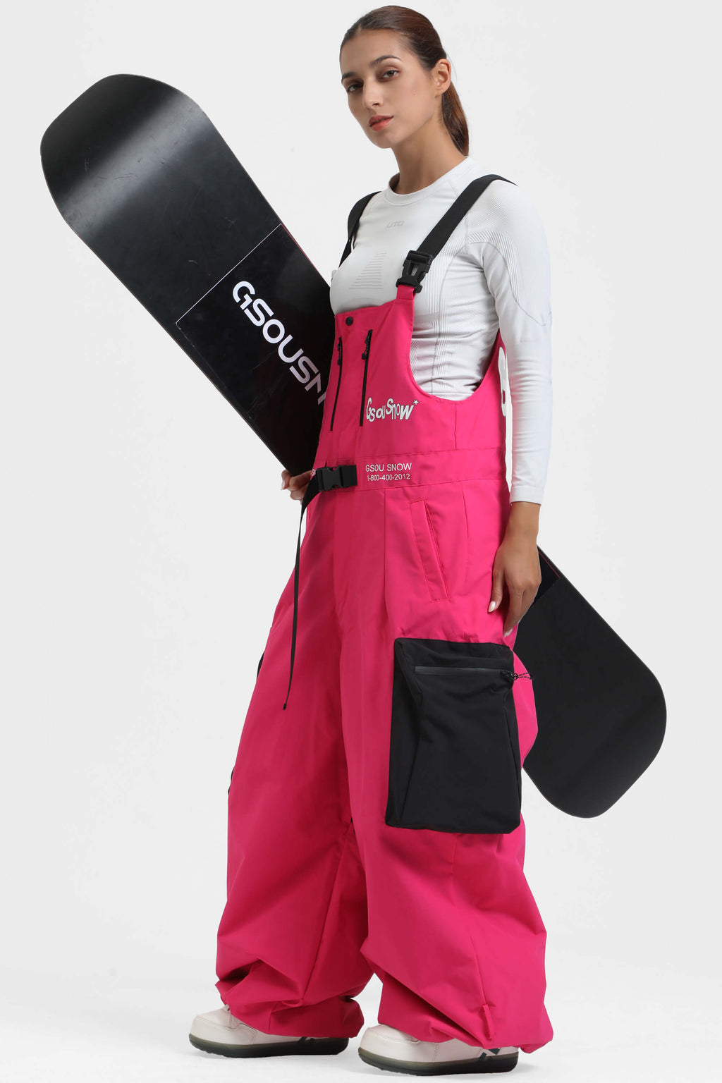 Women's Hot Pink Workwear-Style Built-In Belt Ski Bibs Baggy Snow Bibs