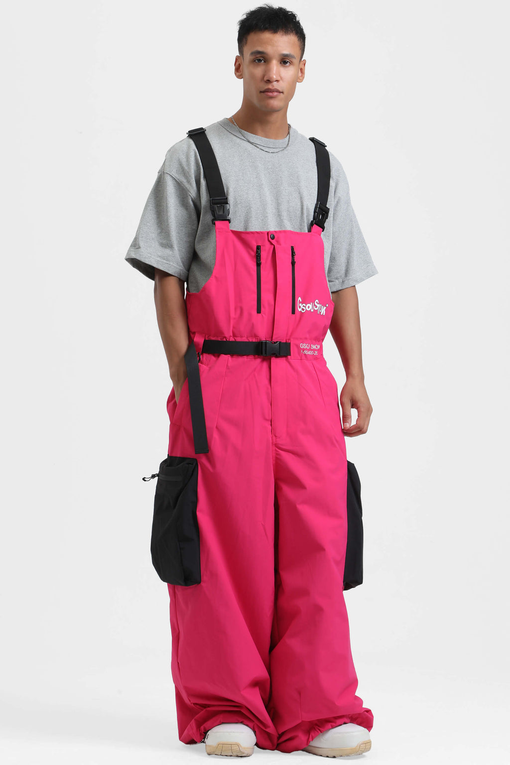 Men's Black Workwear-Style Built-In Belt Ski Bibs Baggy Snow Bibs