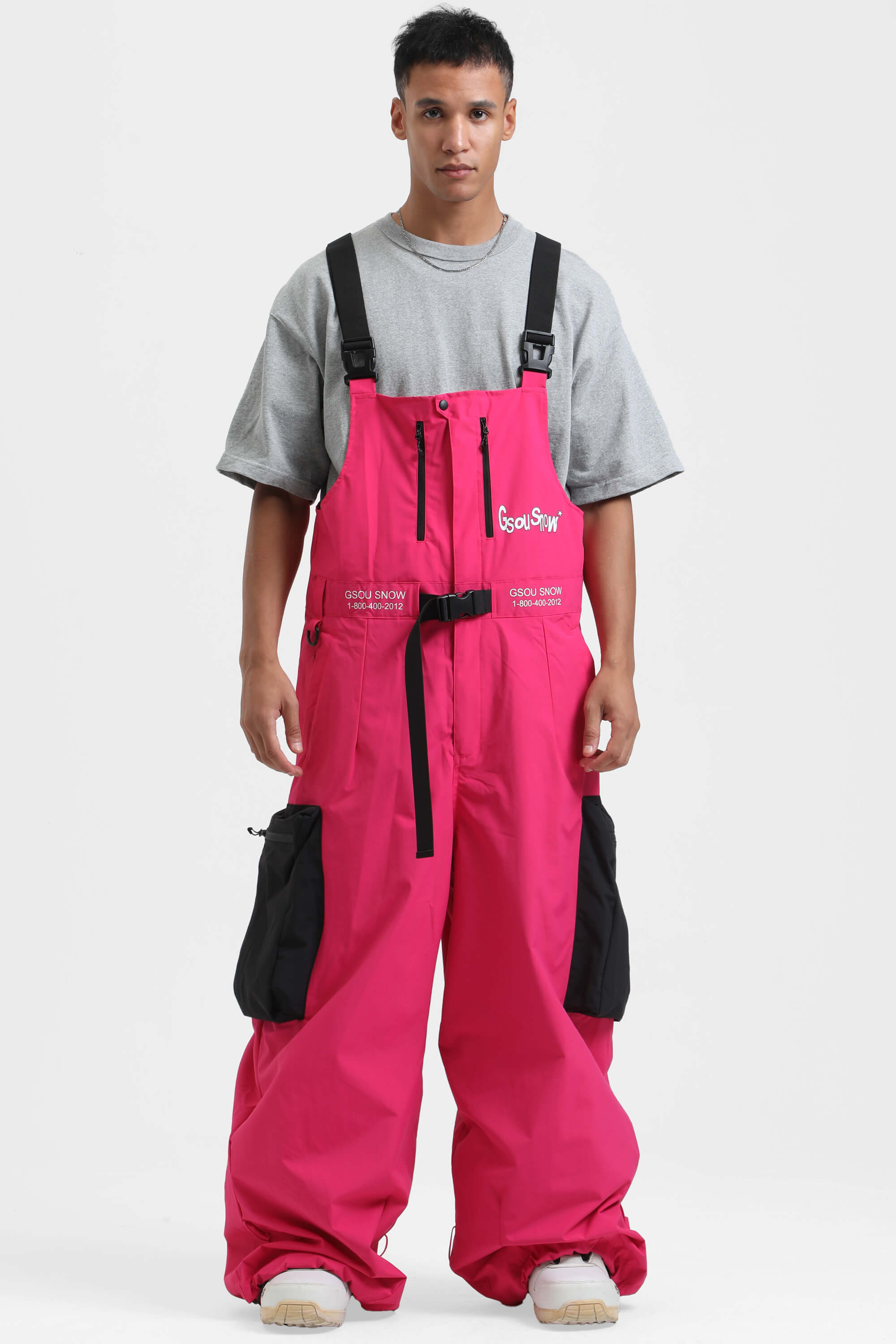 Men's Hot Pink Workwear-Style Built-In Belt Ski Bibs Baggy Snow Bibs Main image