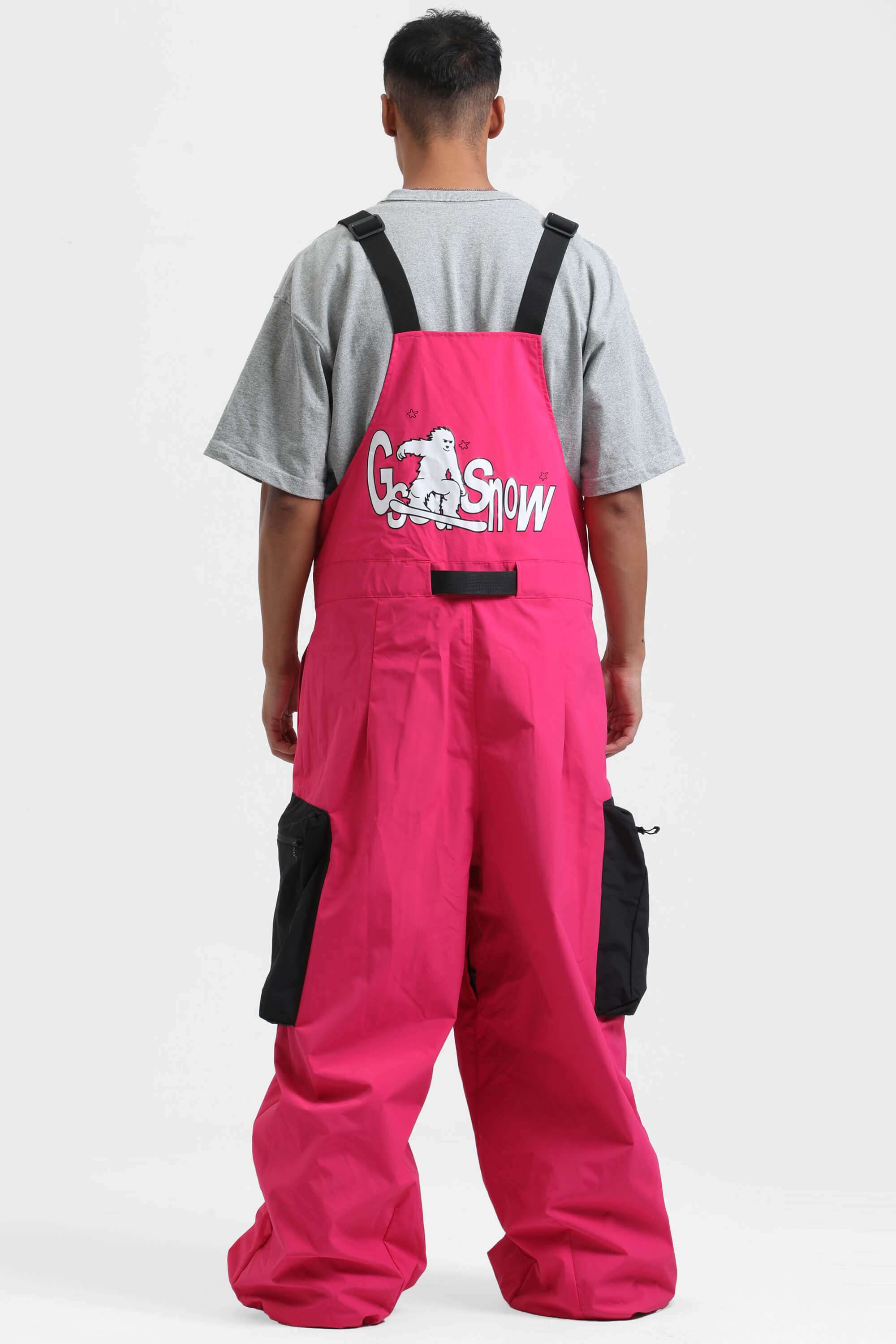 Men's Black Workwear-Style Built-In Belt Ski Bibs Baggy Snow Bibs
