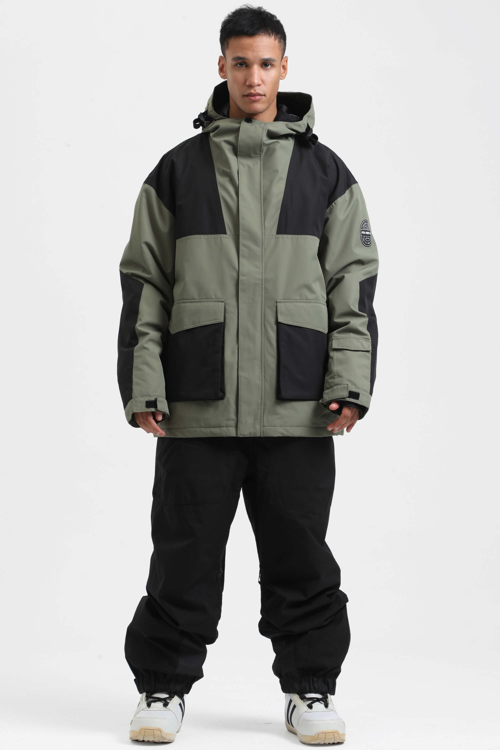 Men's White & Sage Green Abrasion-Resistant Waterproof Ski Jacket Insulated Softshell Snow Jacket