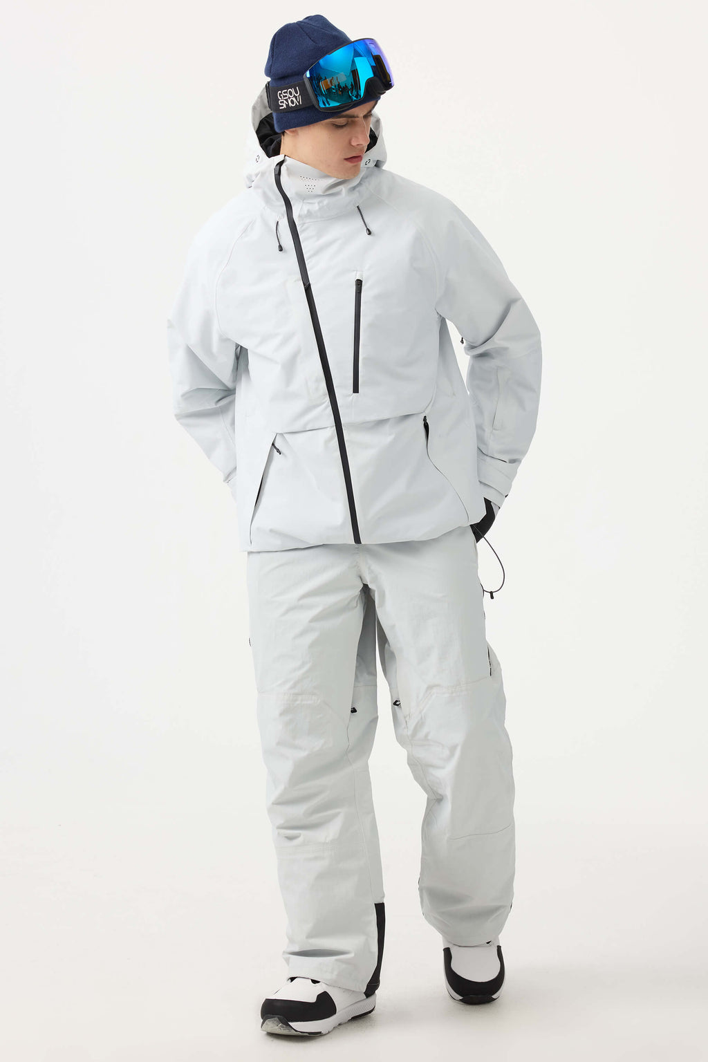 Men's White Multi-Pocket Face-Vented Ski Jacket Fully Waterproof Snow Jacket