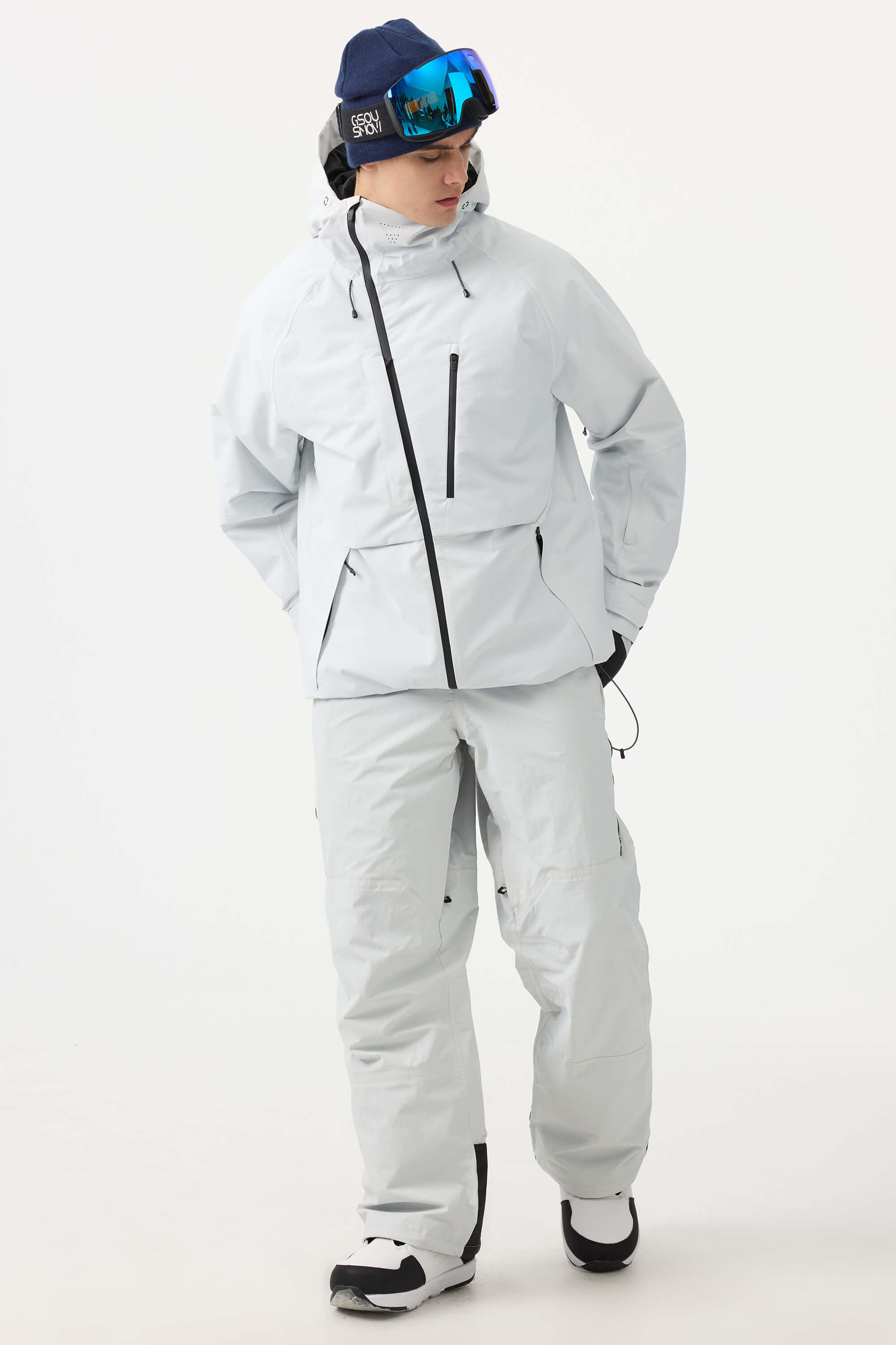 Men's White Multi-Pocket Face-Vented Ski Jacket Fully Waterproof Snow Jacket