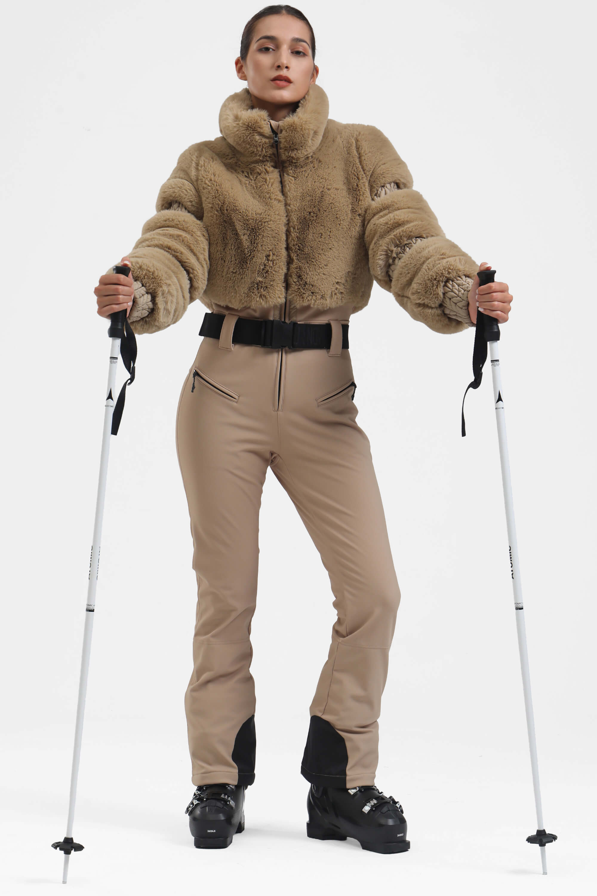 Black Elegant Faux-Fur One-Piece Ski Suit Snowboard Suit
