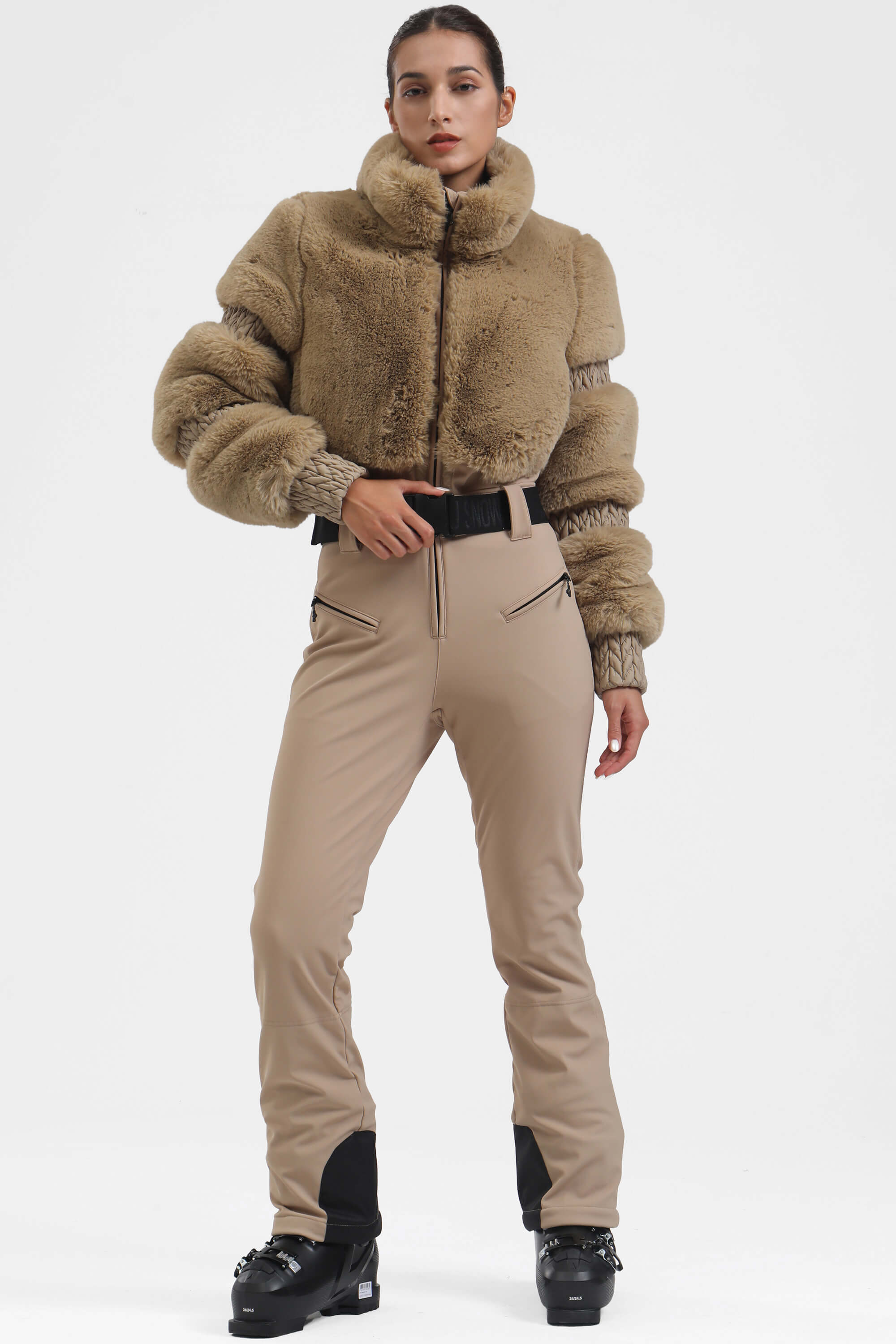 Black Elegant Faux-Fur One-Piece Ski Suit Snowboard Suit