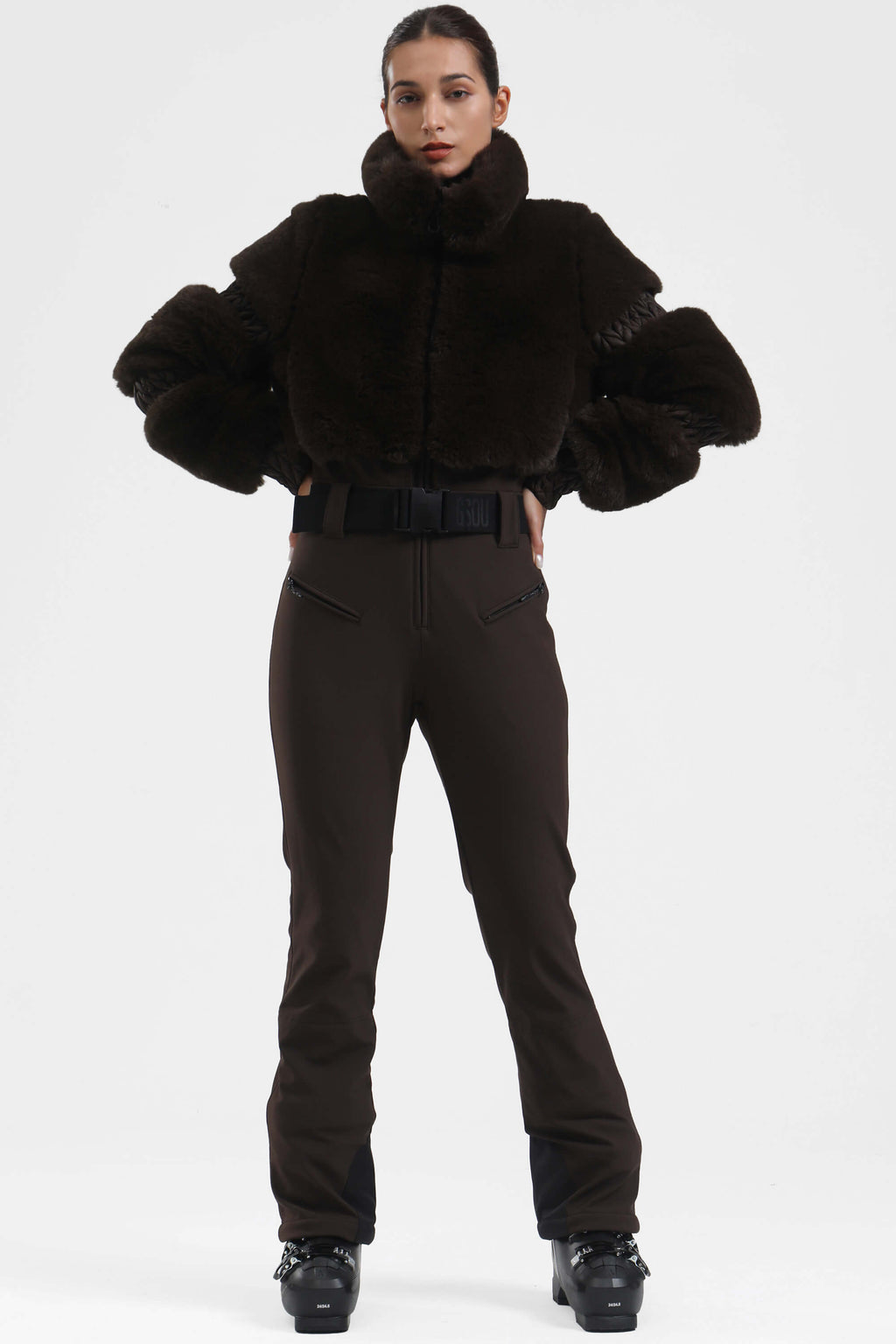 Black Elegant Faux-Fur One-Piece Ski Suit Snowboard Suit
