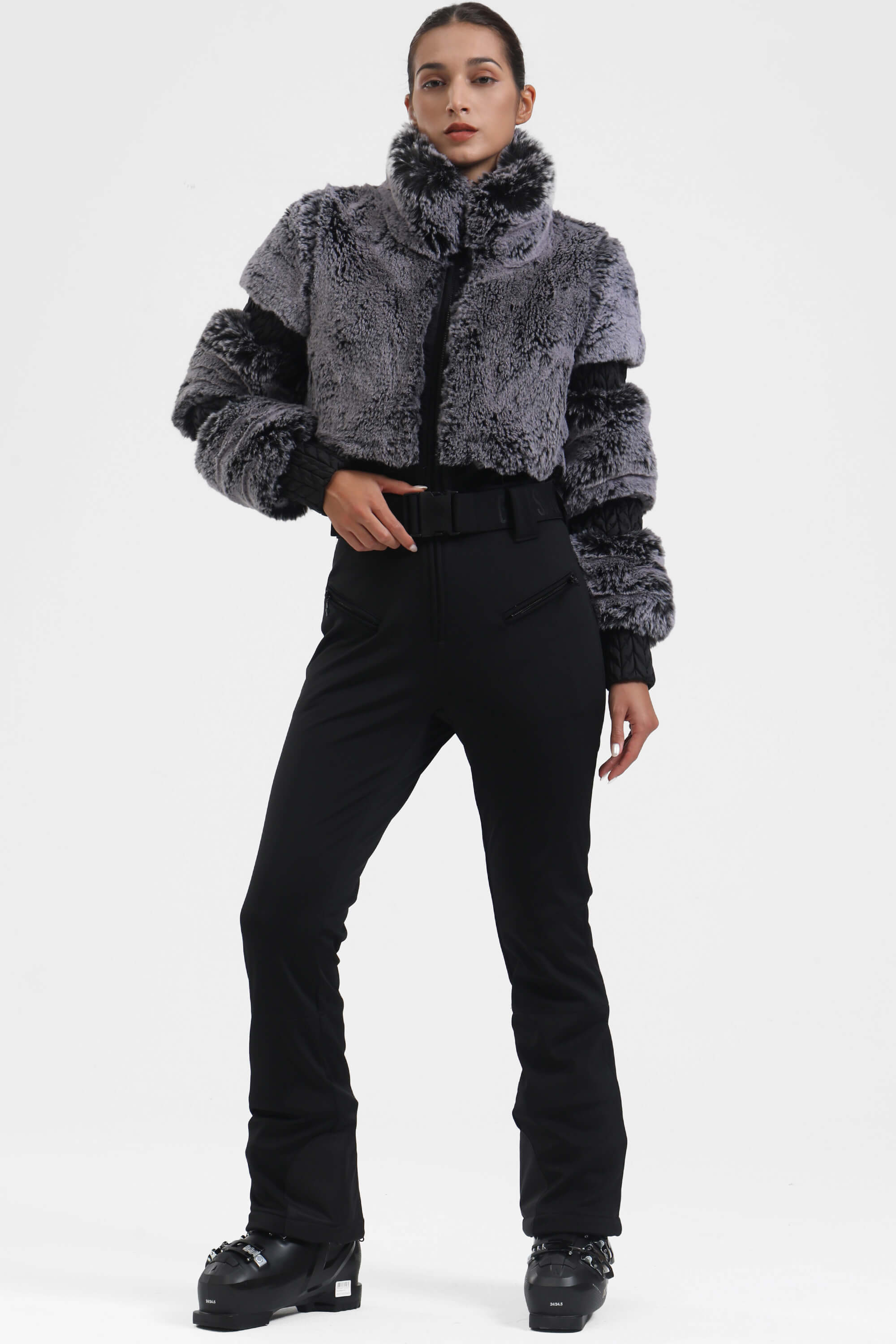 Grey Elegant Faux-Fur One-Piece Ski Suit Snowboard Suit Main image
