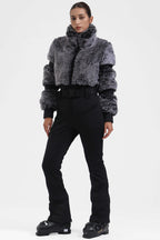 Grey Elegant Faux-Fur One-Piece Ski Suit Snowboard Suit