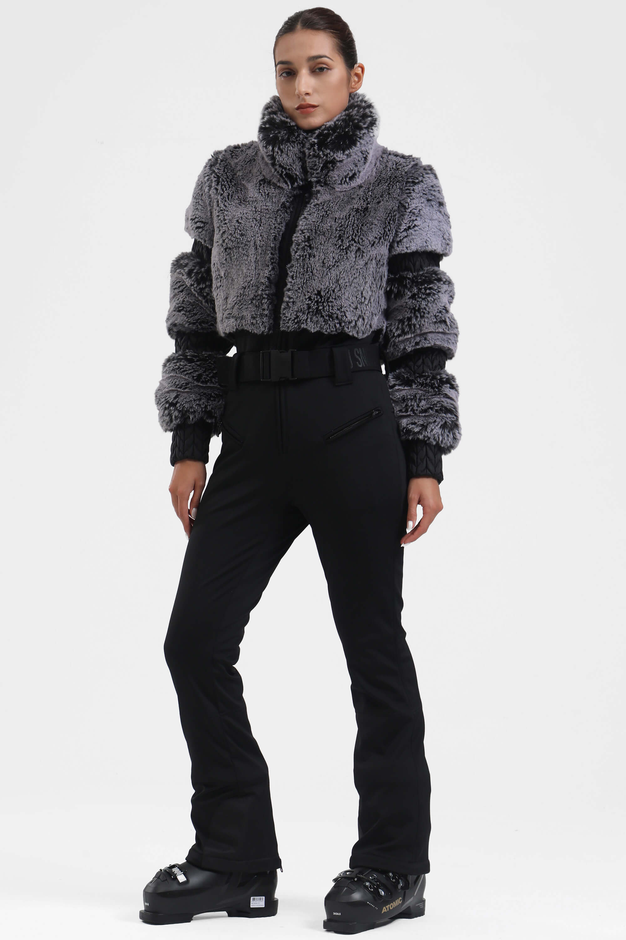 Grey Elegant Faux-Fur One-Piece Ski Suit Snowboard Suit