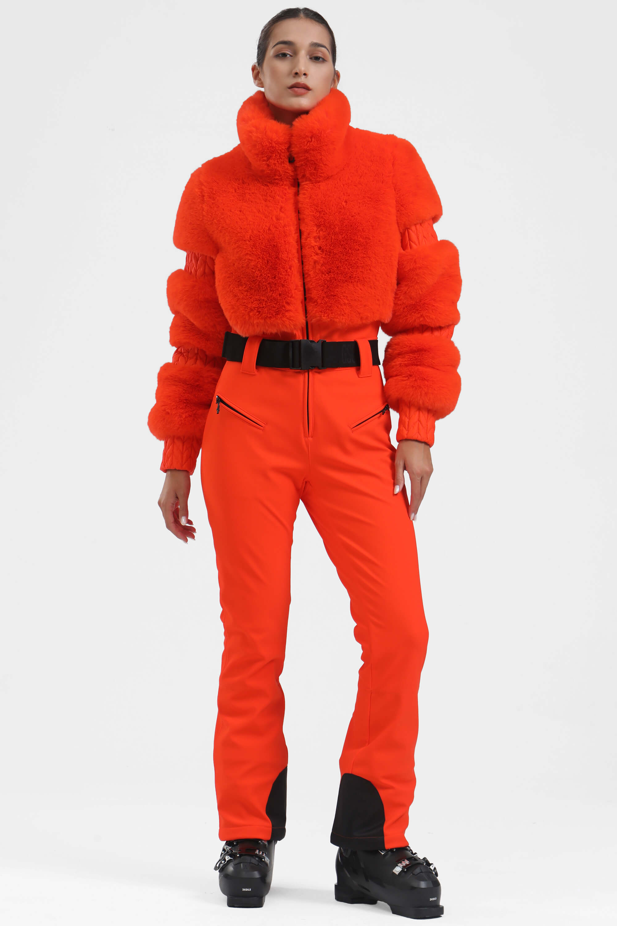 Neon Orange Elegant Faux-Fur One-Piece Ski Suit Snowboard Suit Main image
