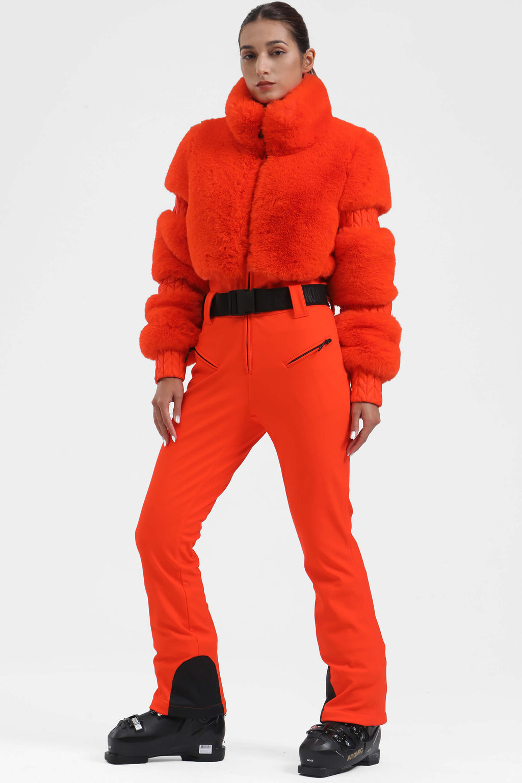 Black Elegant Faux-Fur One-Piece Ski Suit Snowboard Suit