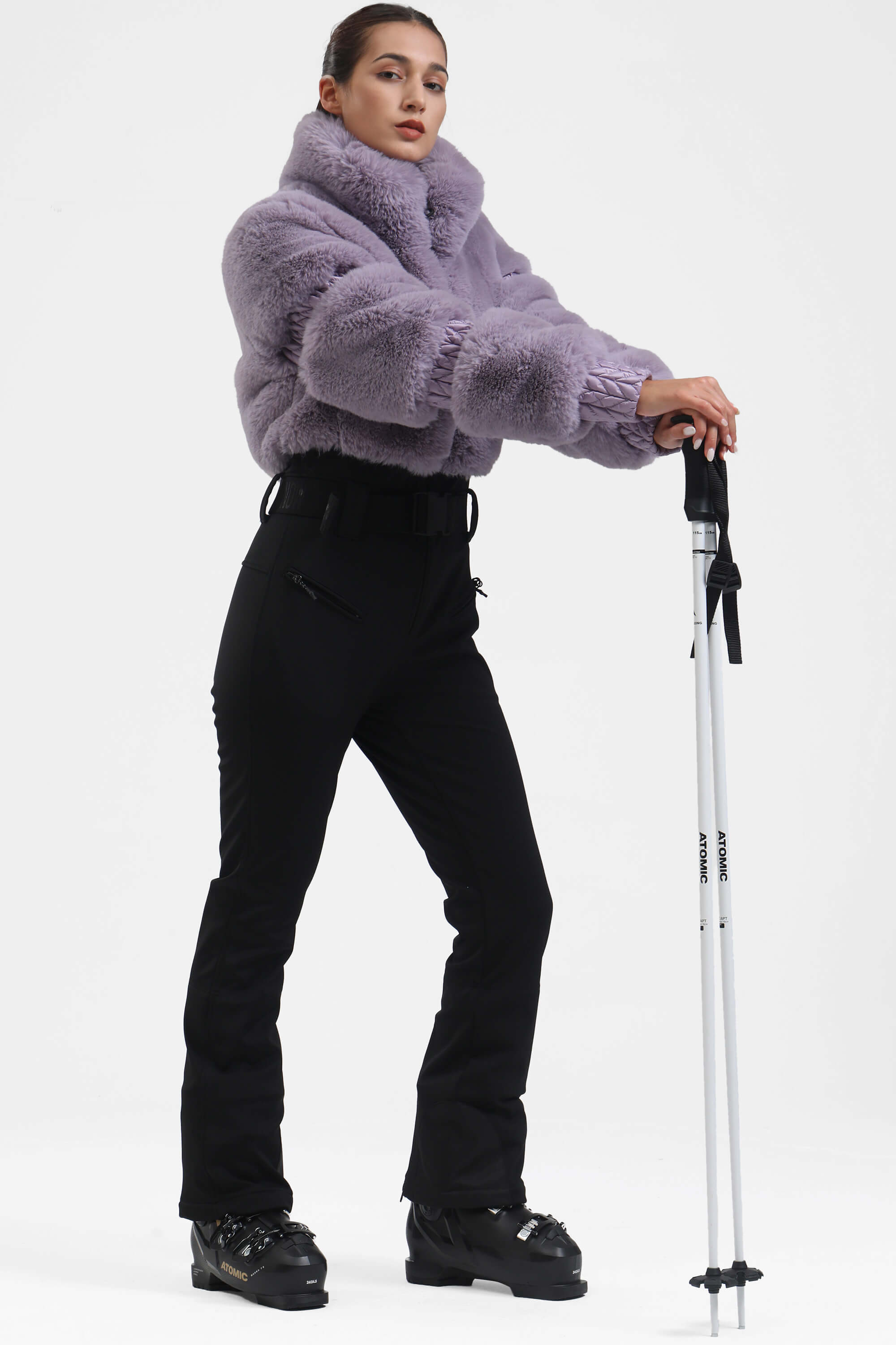 Black Elegant Faux-Fur One-Piece Ski Suit Snowboard Suit