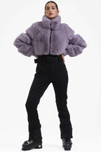 Neon Orange Elegant Faux-Fur One-Piece Ski Suit Snowboard Suit