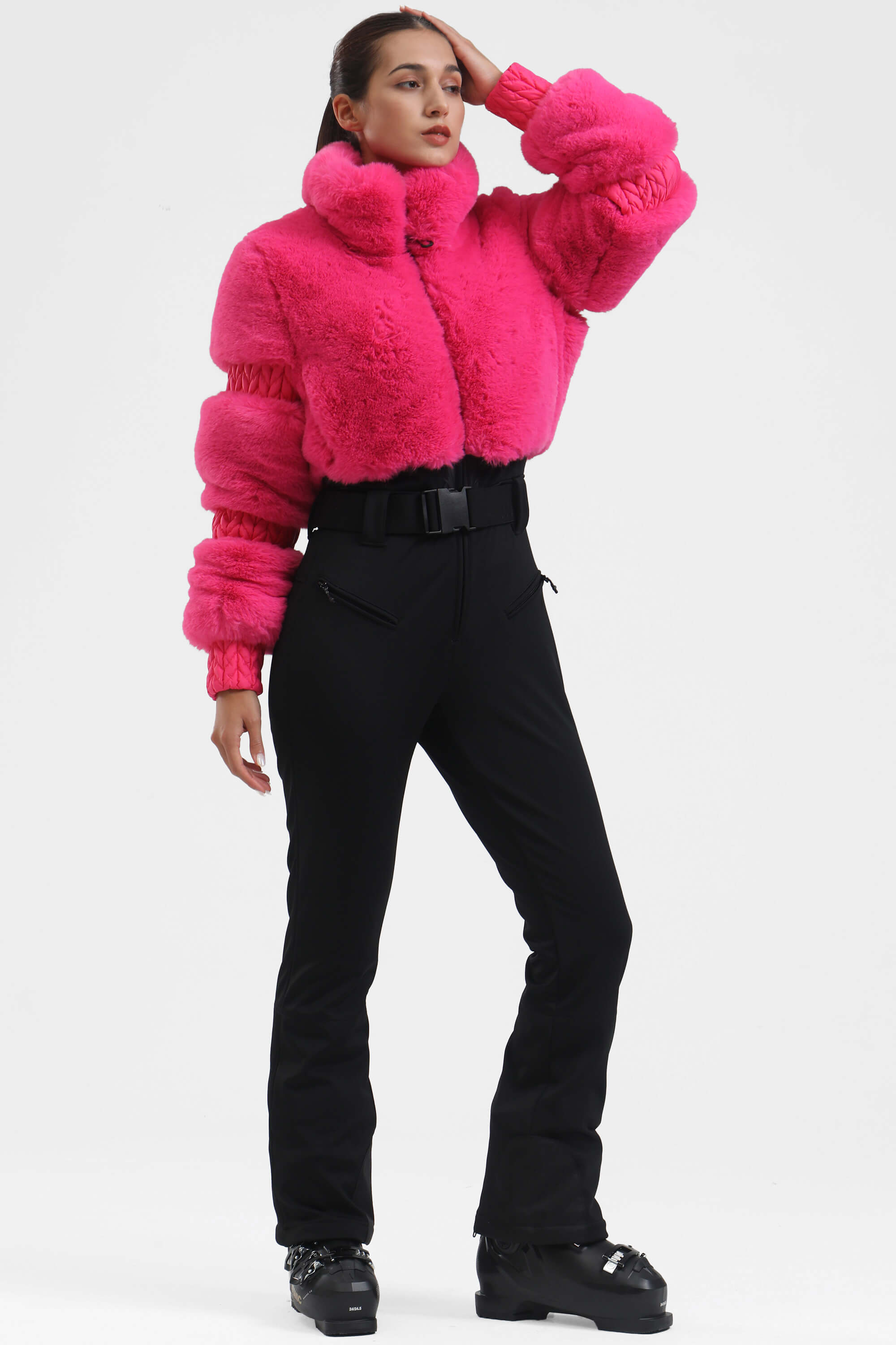 Black Elegant Faux-Fur One-Piece Ski Suit Snowboard Suit