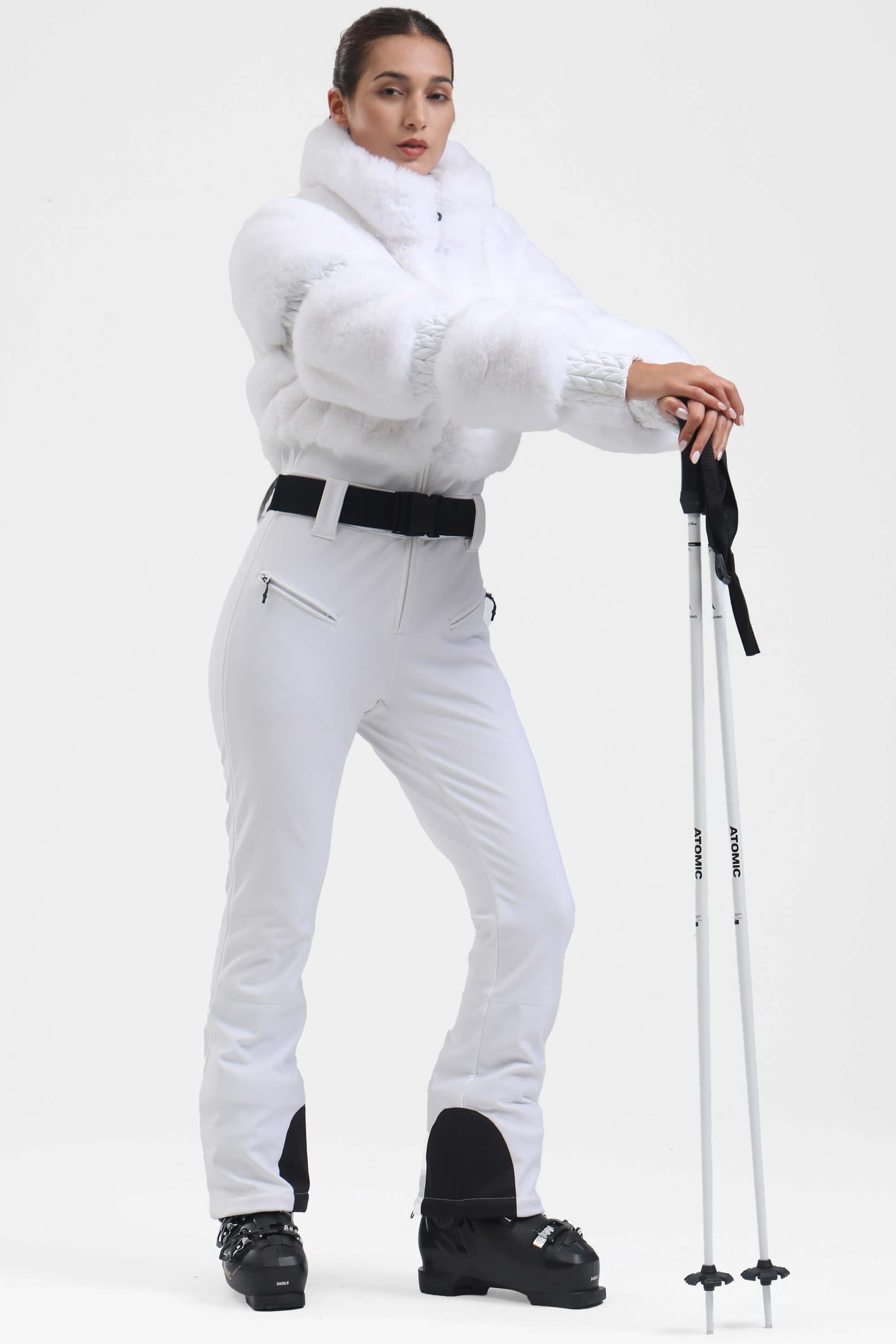Black Elegant Faux-Fur One-Piece Ski Suit Snowboard Suit