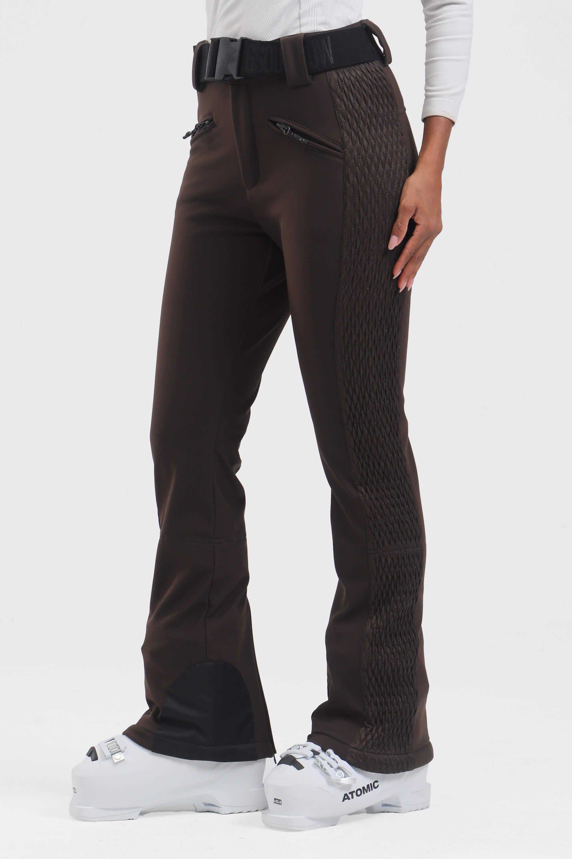Women's Dark Brown Padded Stretch Slim-Fit Ski Pants Snow Pants