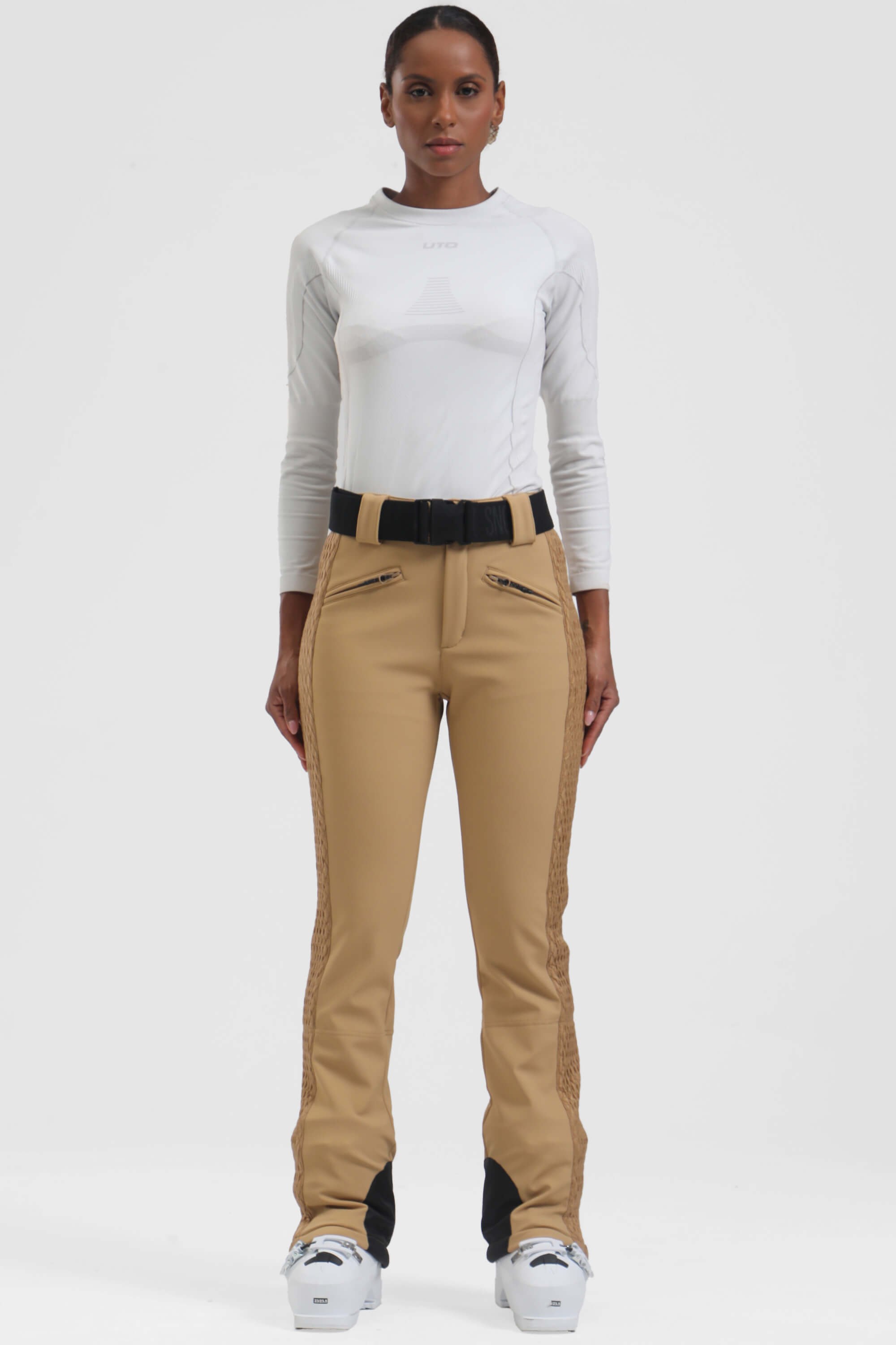 Women's Dark Brown Padded Stretch Slim-Fit Ski Pants Snow Pants