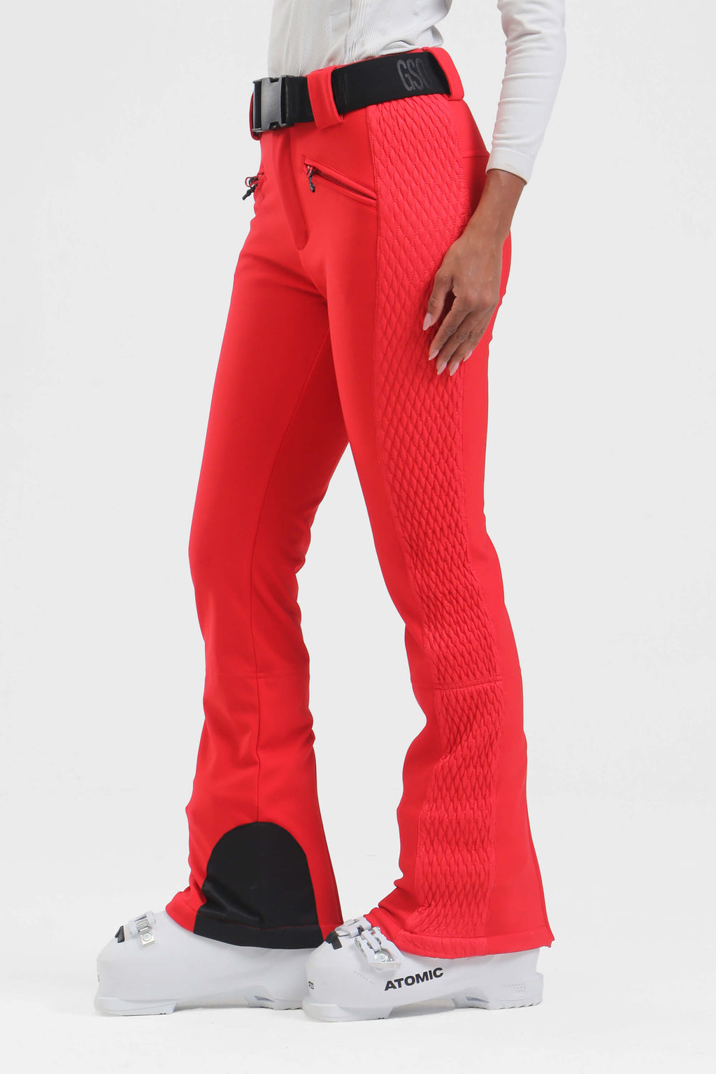Women's Neon Red Padded Stretch Slim-Fit Ski Pants Snow Pants