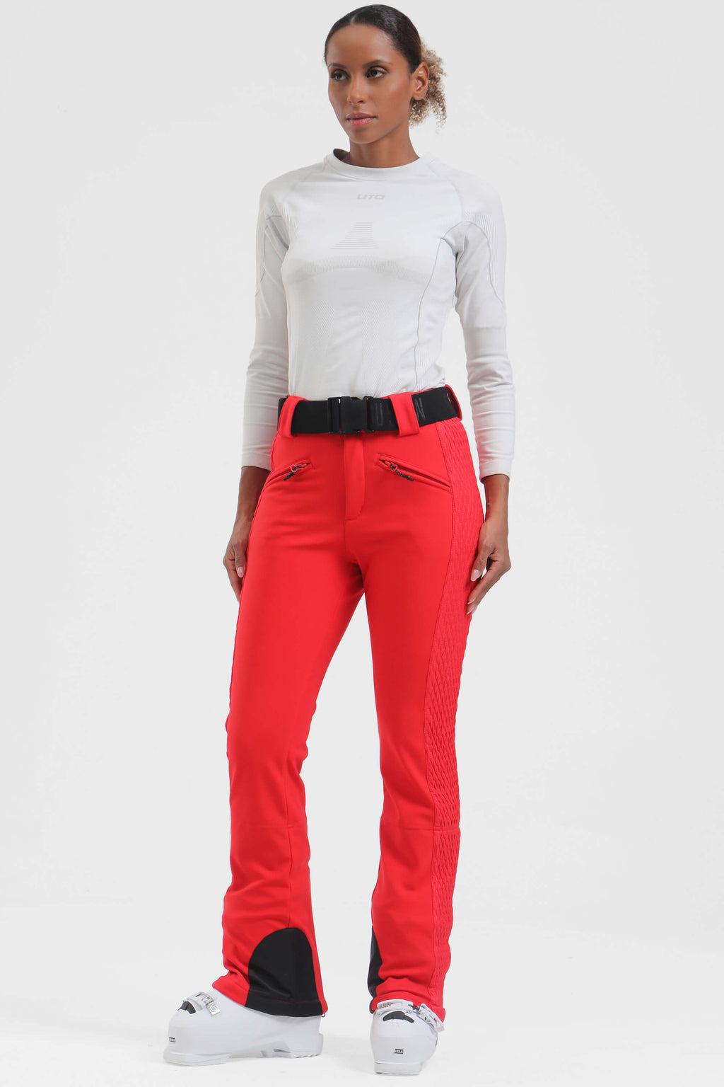 Women's Neon Red Padded Stretch Slim-Fit Ski Pants Snow Pants