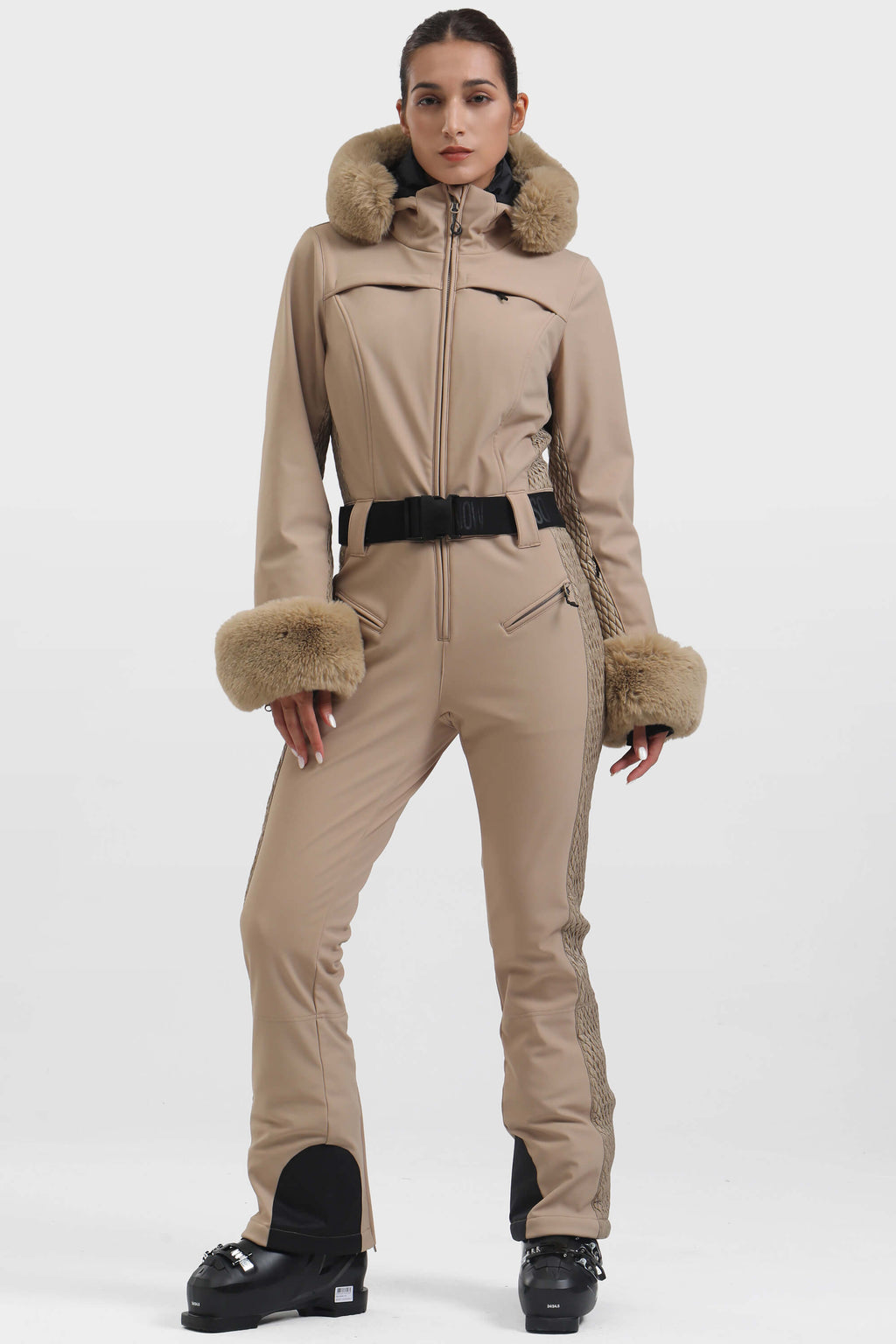Women's White Shirred Faux-Fur Waterproof One-Piece Ski Suit Snowboard Suit
